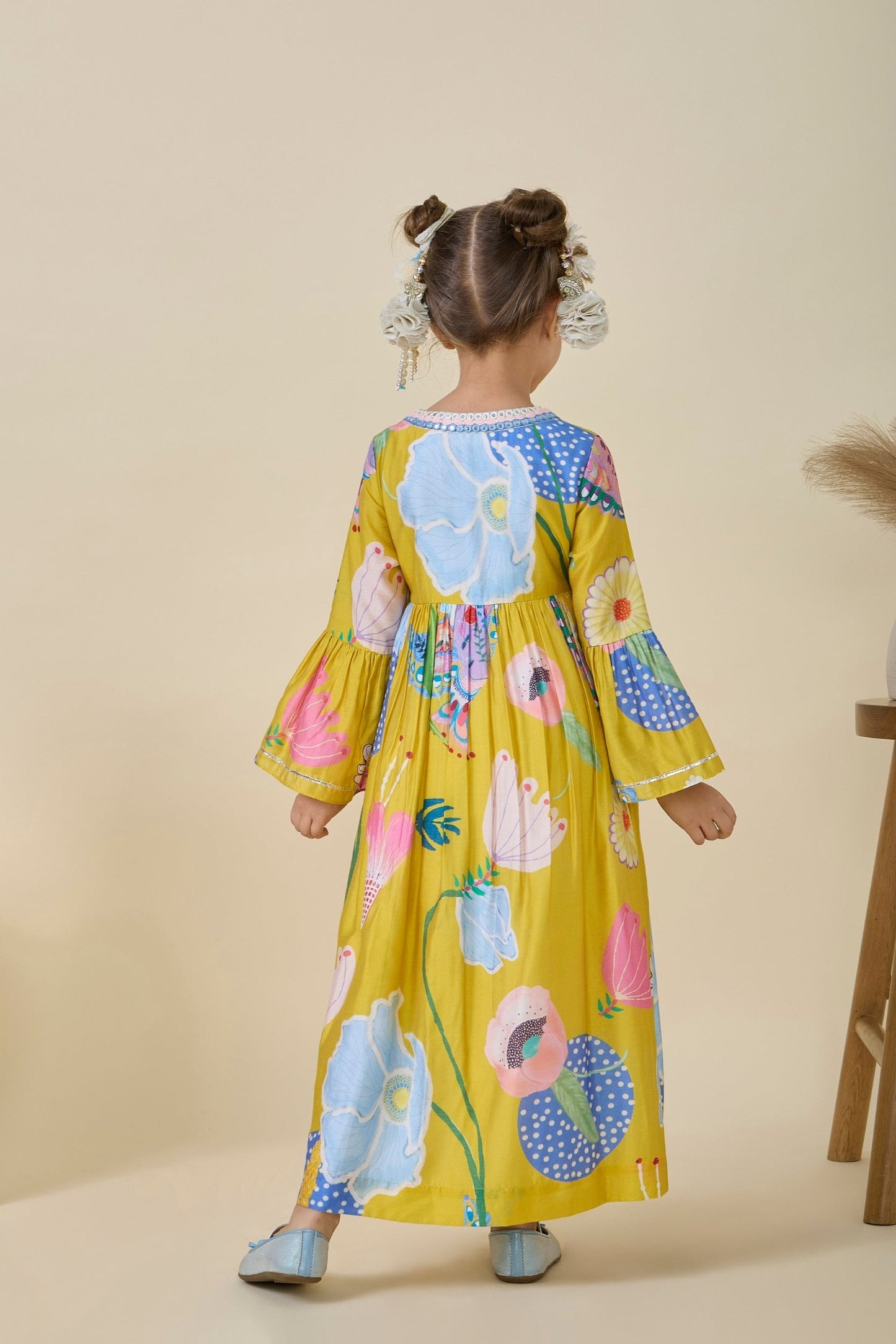 Yellow Bloom Embellished Girls Wrap Dress + Yellow Bloom Embellished Ladies Maxi Dress