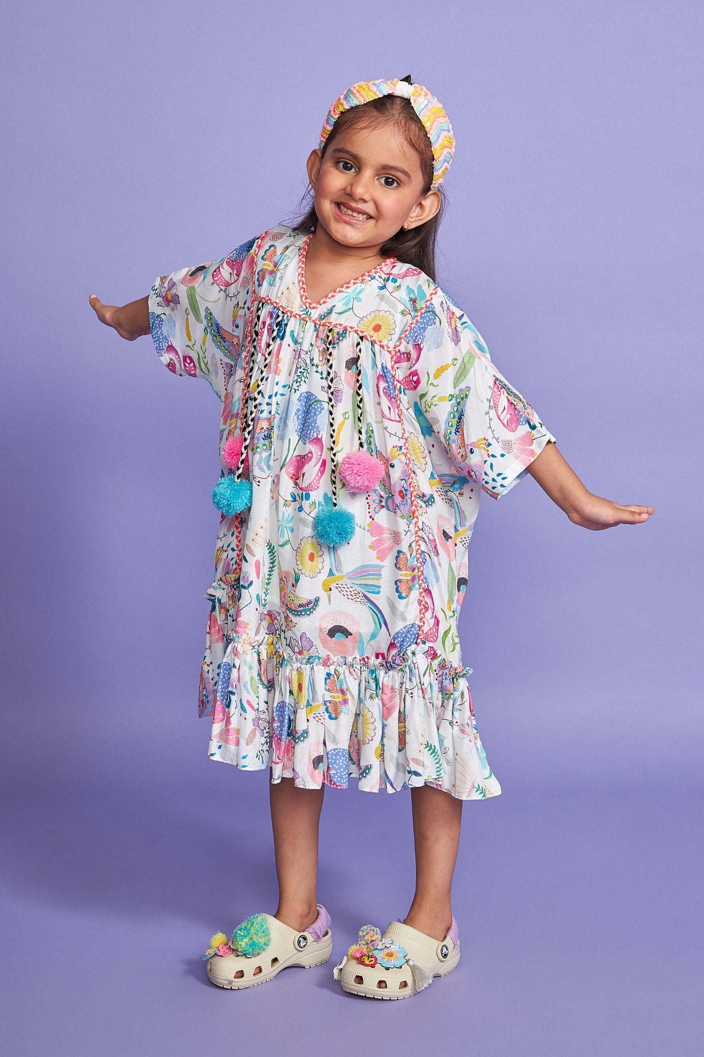 Pompom White Kids Cotton Kaftan Dress - Joey & Pooh