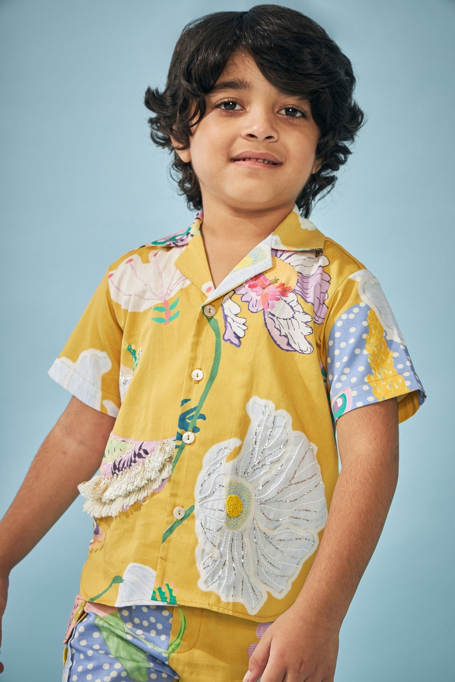 Yellow Bloom Embellished Boys Shirts Shorts Coord (2 pc set)