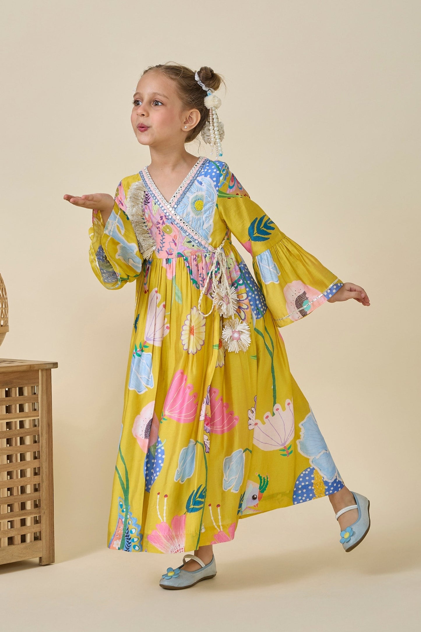 Yellow Bloom Embellished Girls Wrap Dress + Yellow Bloom Embellished Ladies Maxi Dress