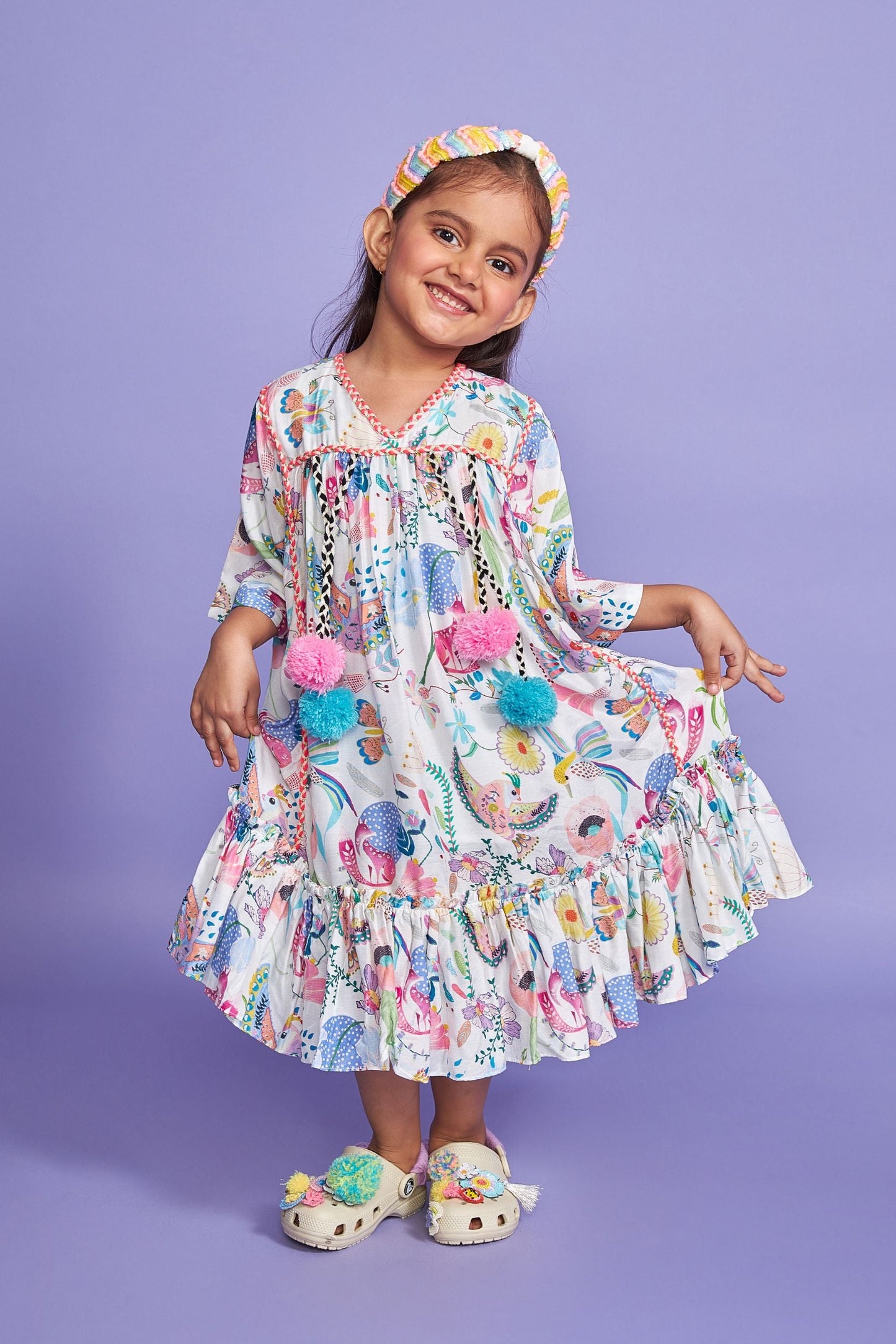 Pompom White Kids Cotton Kaftan Dress - Joey & Pooh