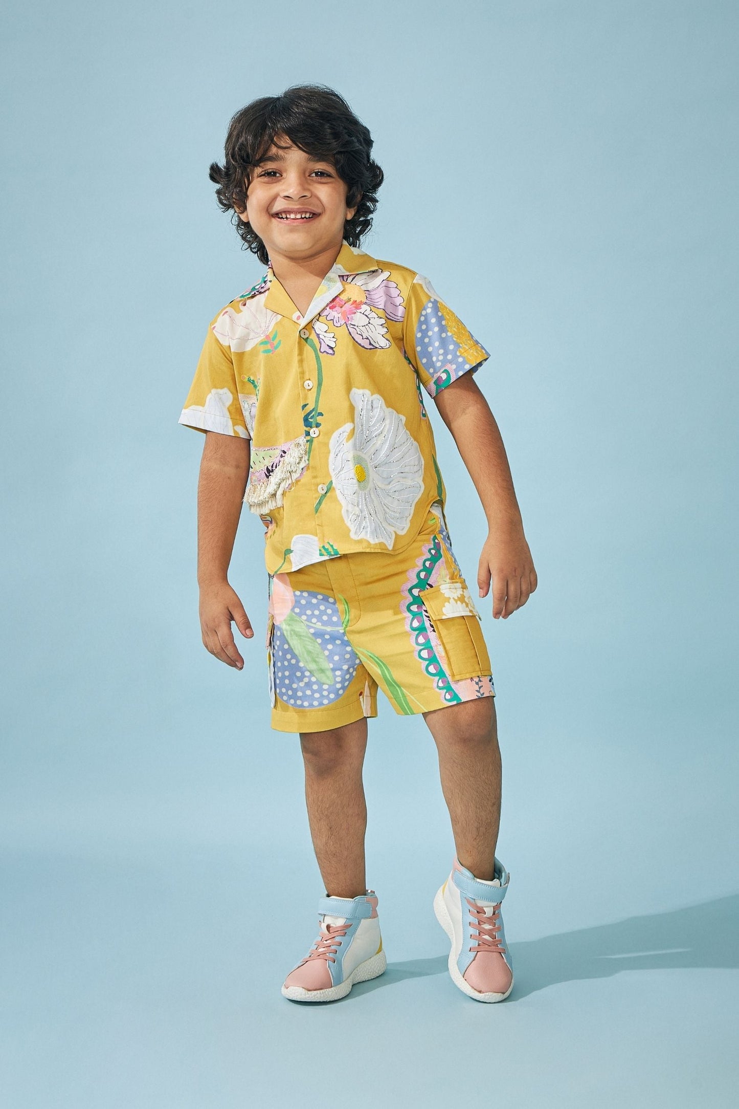 Yellow Bloom Embellished Boys Shirts Shorts Coord (2 pc set)