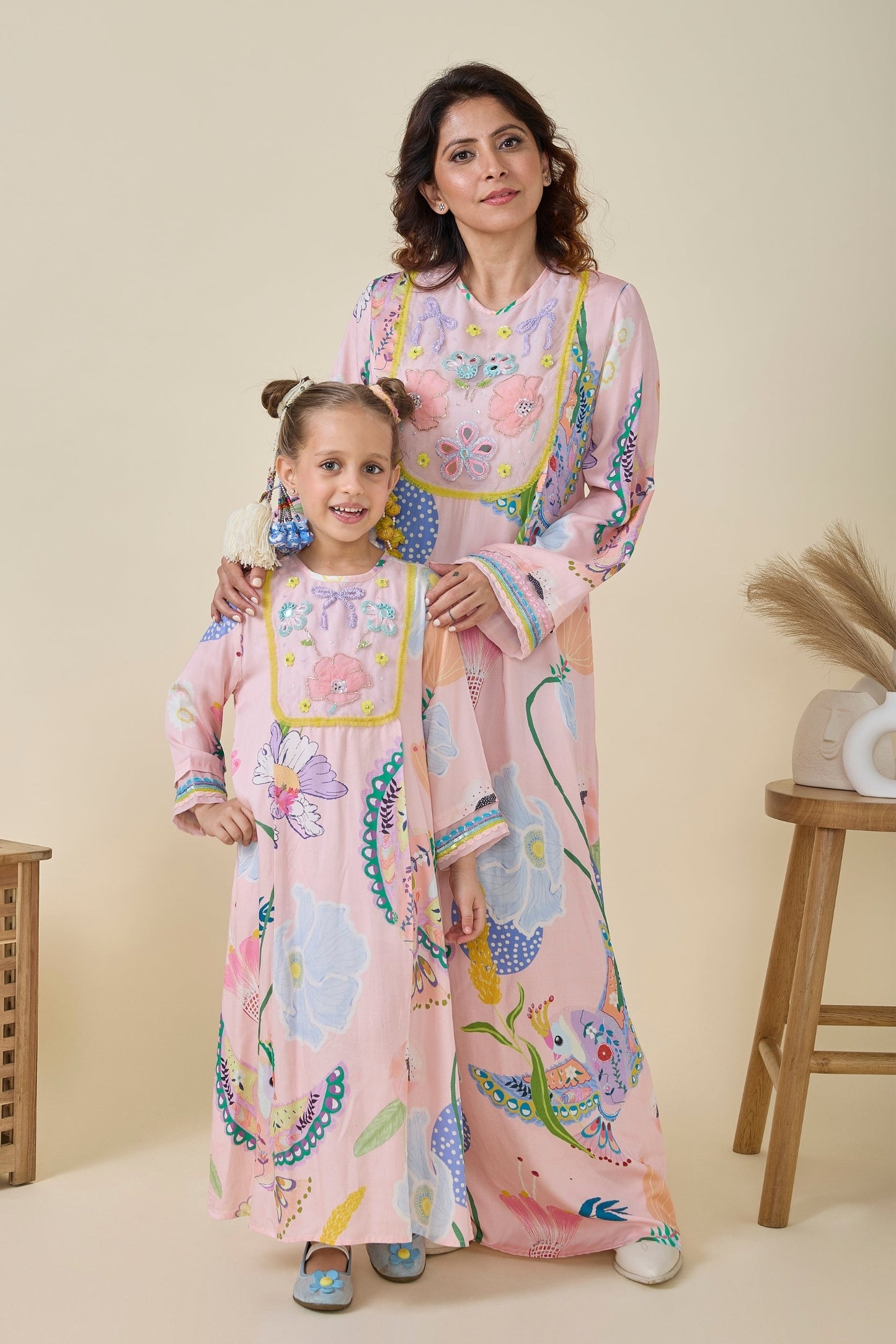 Jane Pink Embellished Girls Long Dress & Jane Pink Embellished Ladies Long Dress