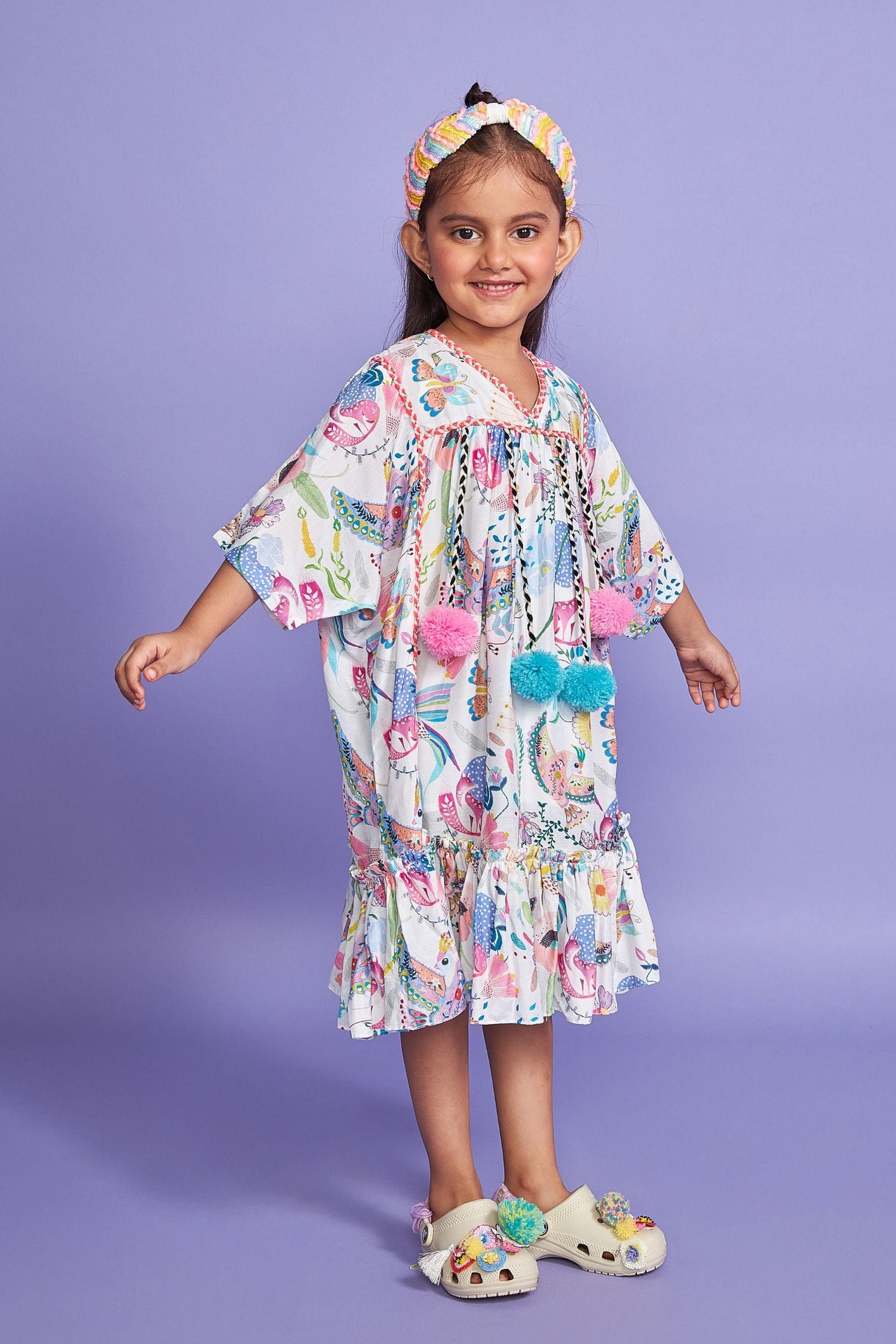 Pompom White Kids Cotton Kaftan Dress - Joey & Pooh