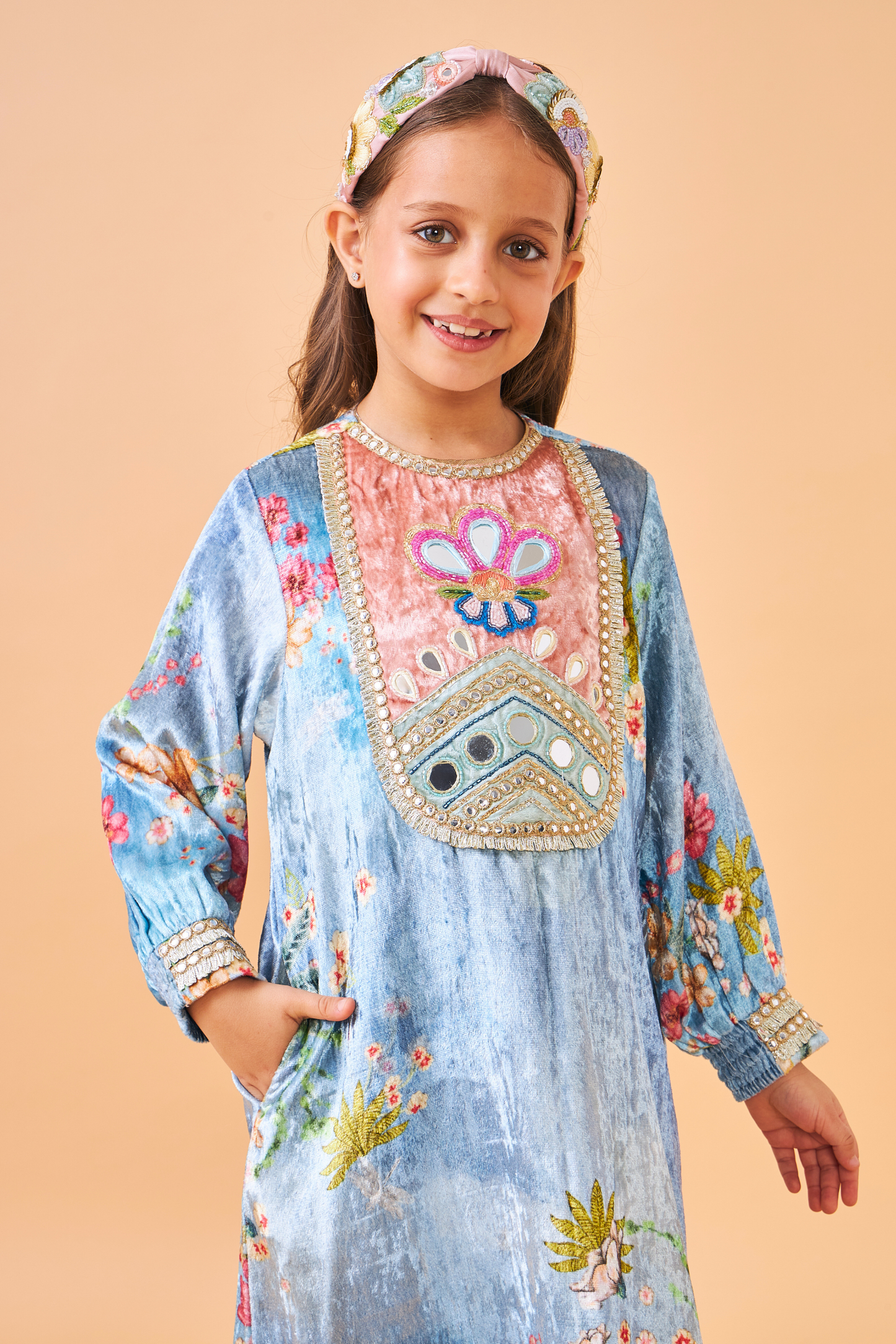 Clea Blue Velvet Girls Long Dress