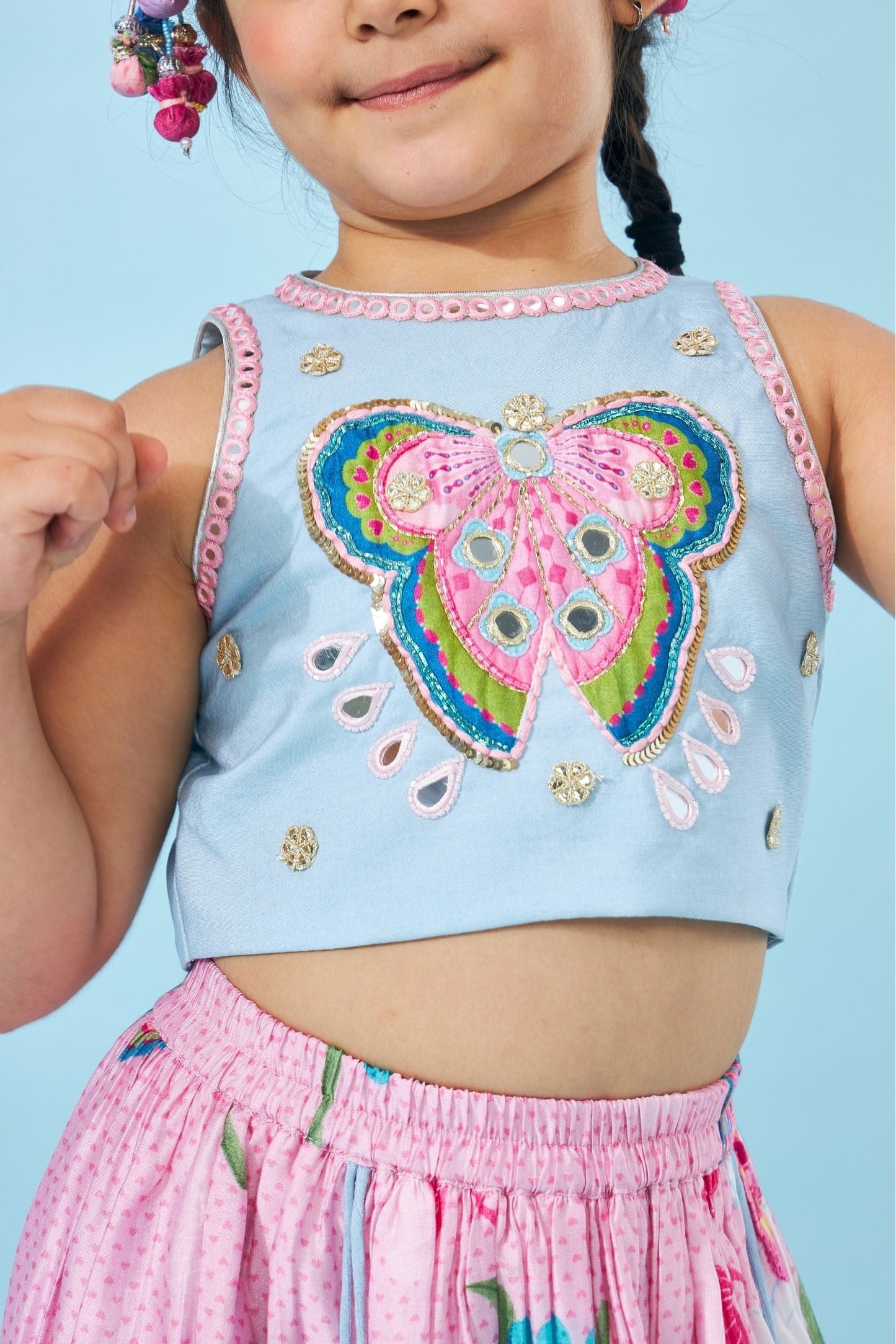 Raya Pink Girls Embellished Crop Top Lehenga With Dupatta ( Set of 3 Pcs)