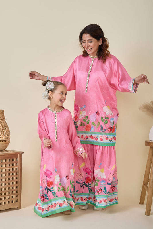 Strawberry Printed Girls Long Dress & Strawberry Print Sharara And Long Top Set ( Set Of Two)