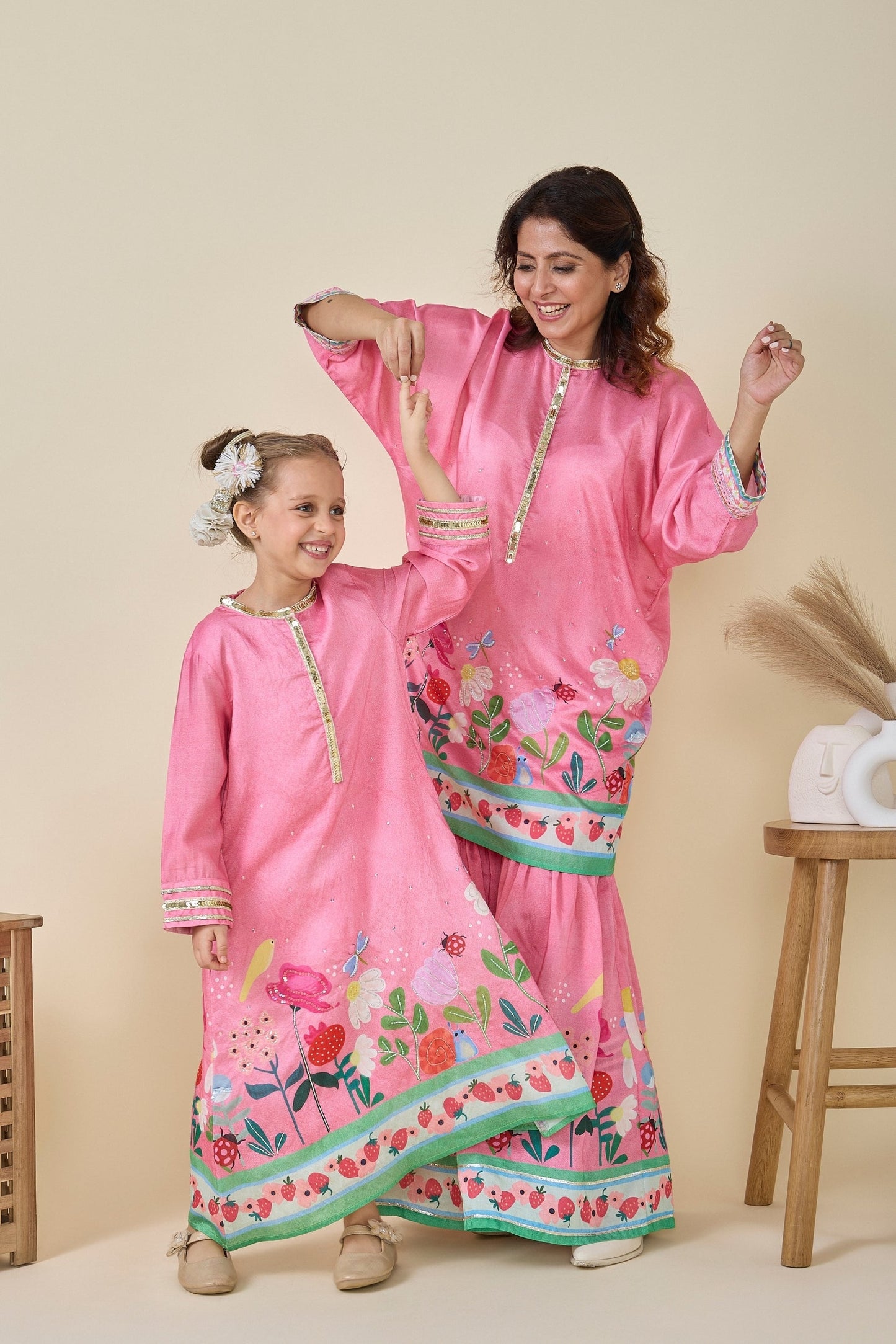 Strawberry Printed Girls Long Dress & Strawberry Print Sharara And Long Top Set ( Set Of Two)