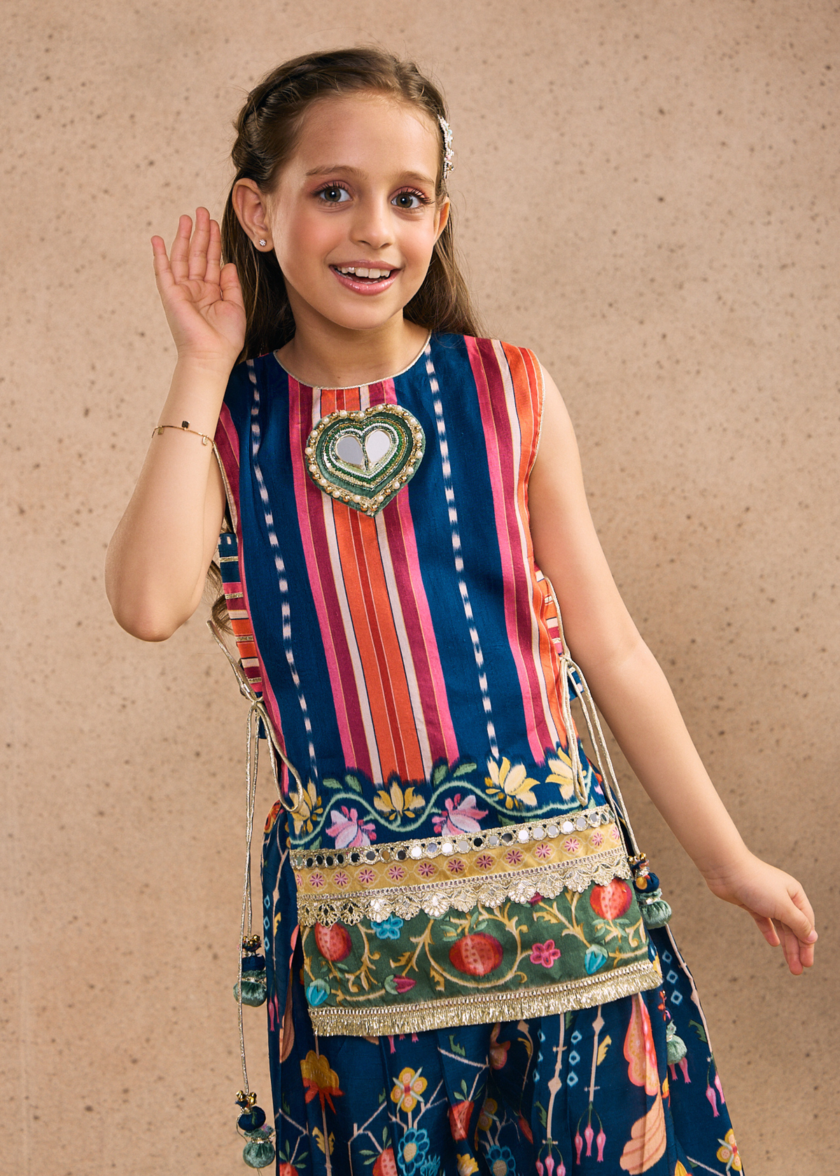 Dalia Navy Girls Embellished Top & Pleated Pant (Set of 2 pcs)