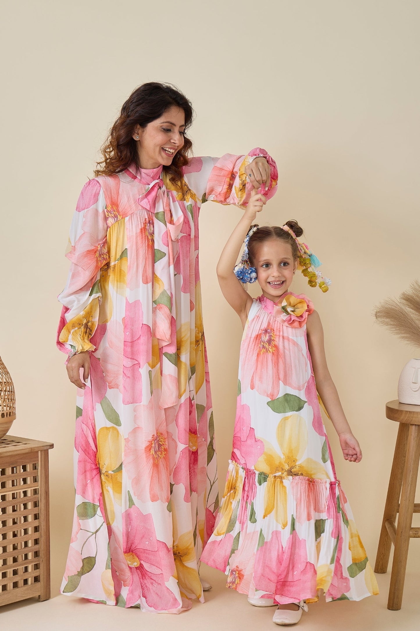 Blooming Meadows Printed Girls Long Dress & Blooming Meadows Printed Ladies long Dress