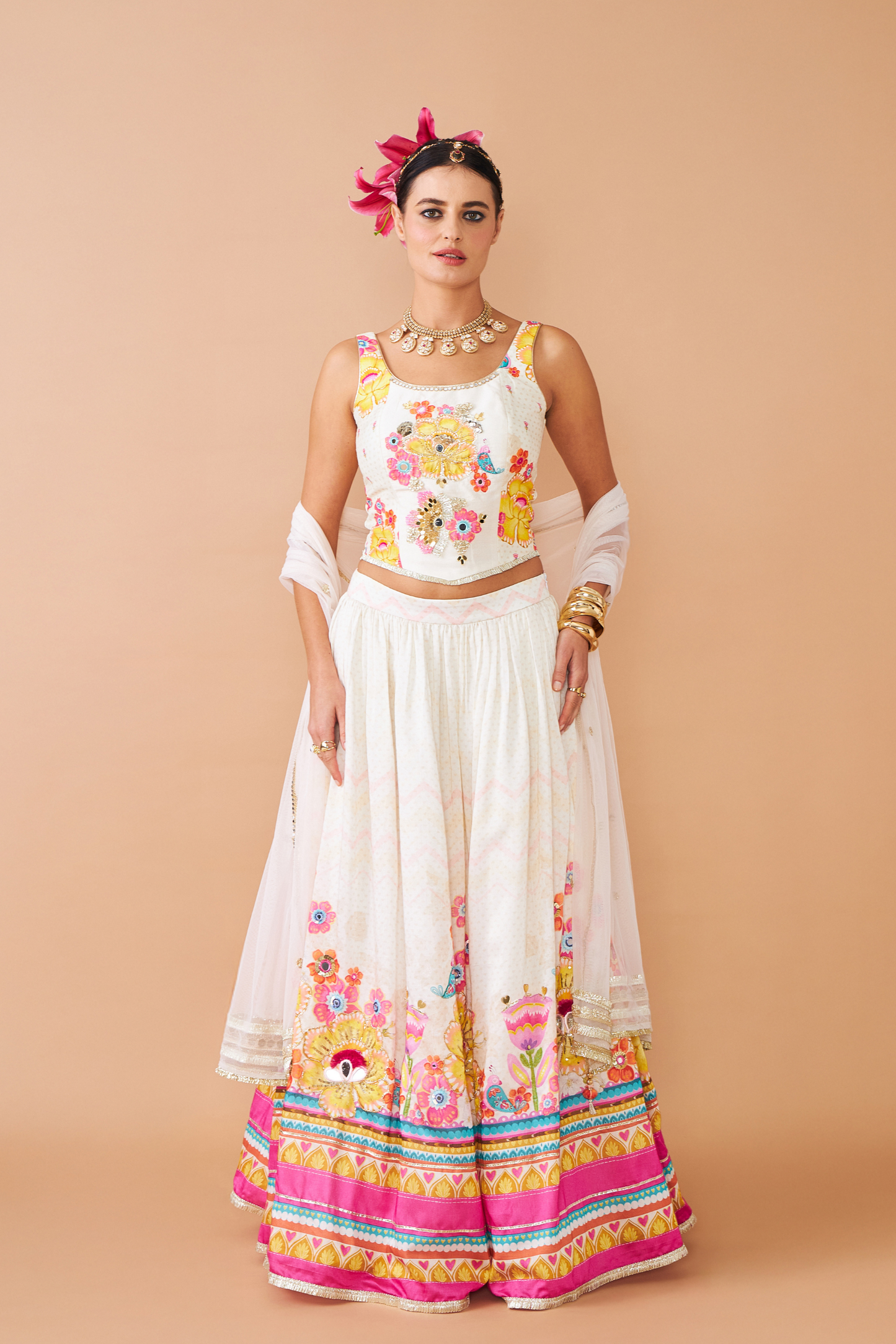 Freya Mustard Ladies Embroidered Corset With Lehenga (Set of 3 Pcs)