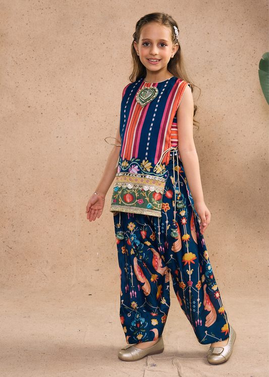 Dalia Navy Girls Embellished Top & Pleated Pant (Set of 2 pcs)