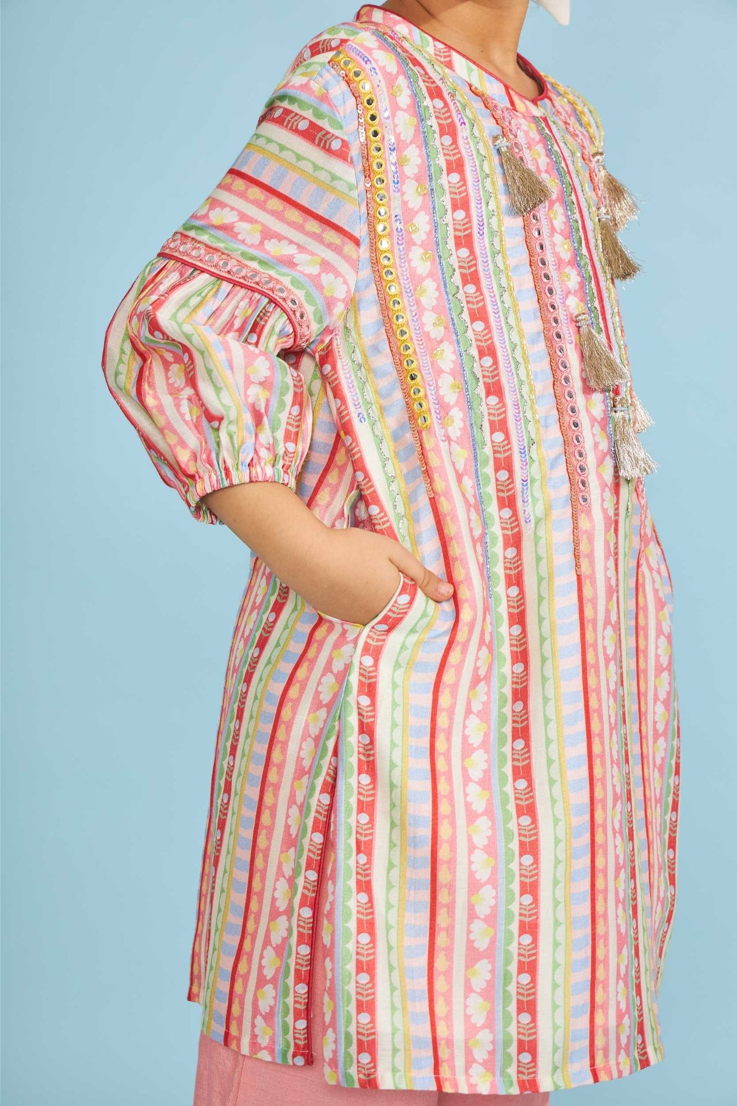 Candy Stripe Girls  Embellished Tunic Trouser Coord (2 Pc Set)