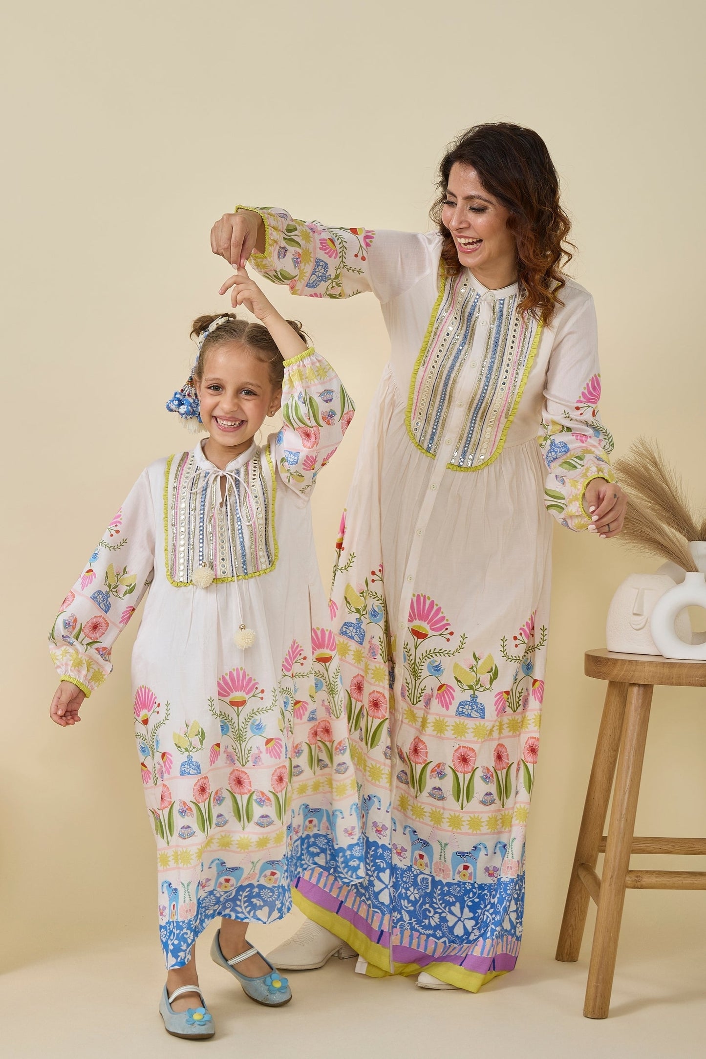 Dala Printed And Embellished Girls Long Dress &  Dala Embellished Ladies Long Dress