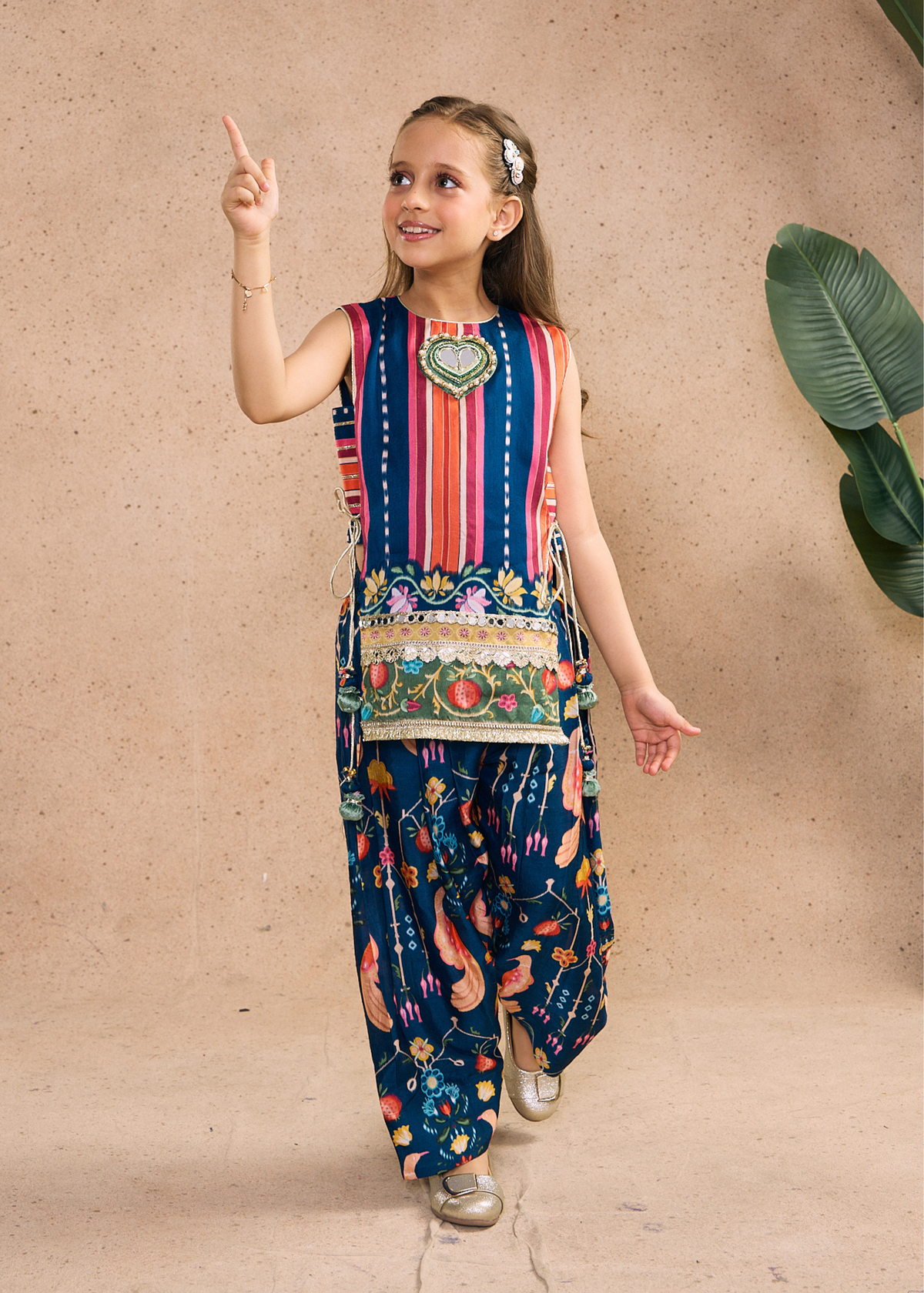 Dalia Navy Girls Embellished Top & Pleated Pant (Set of 2 pcs)