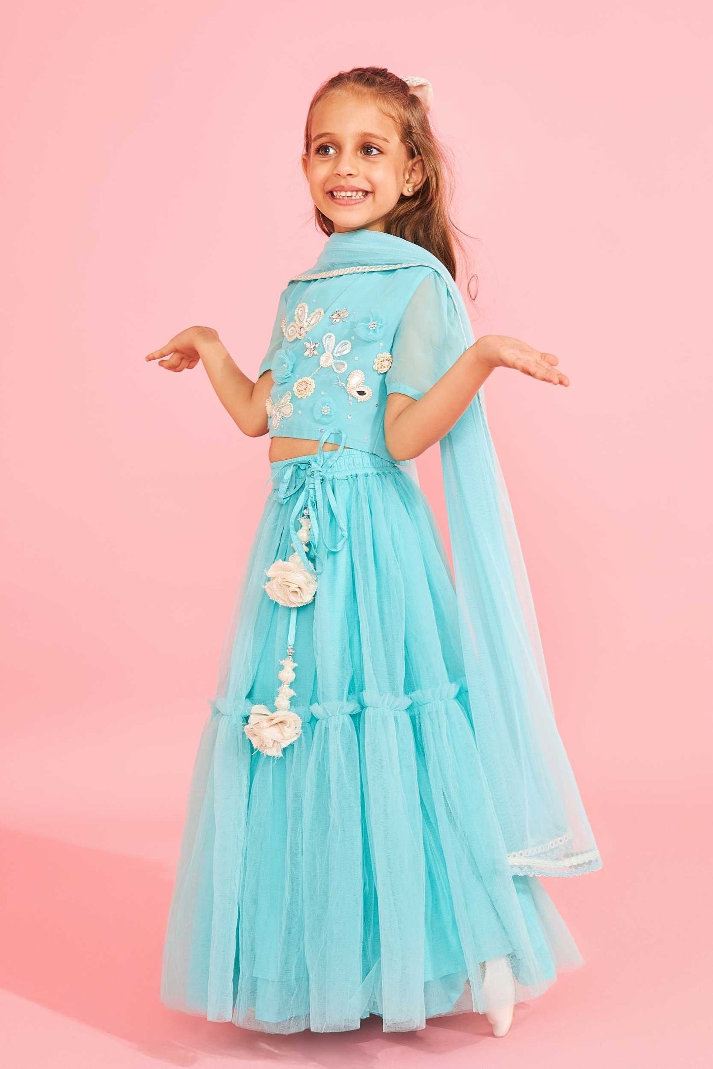 Aqua Blue Embellished Girls Crop Top & Skirt (3 Pc Set)