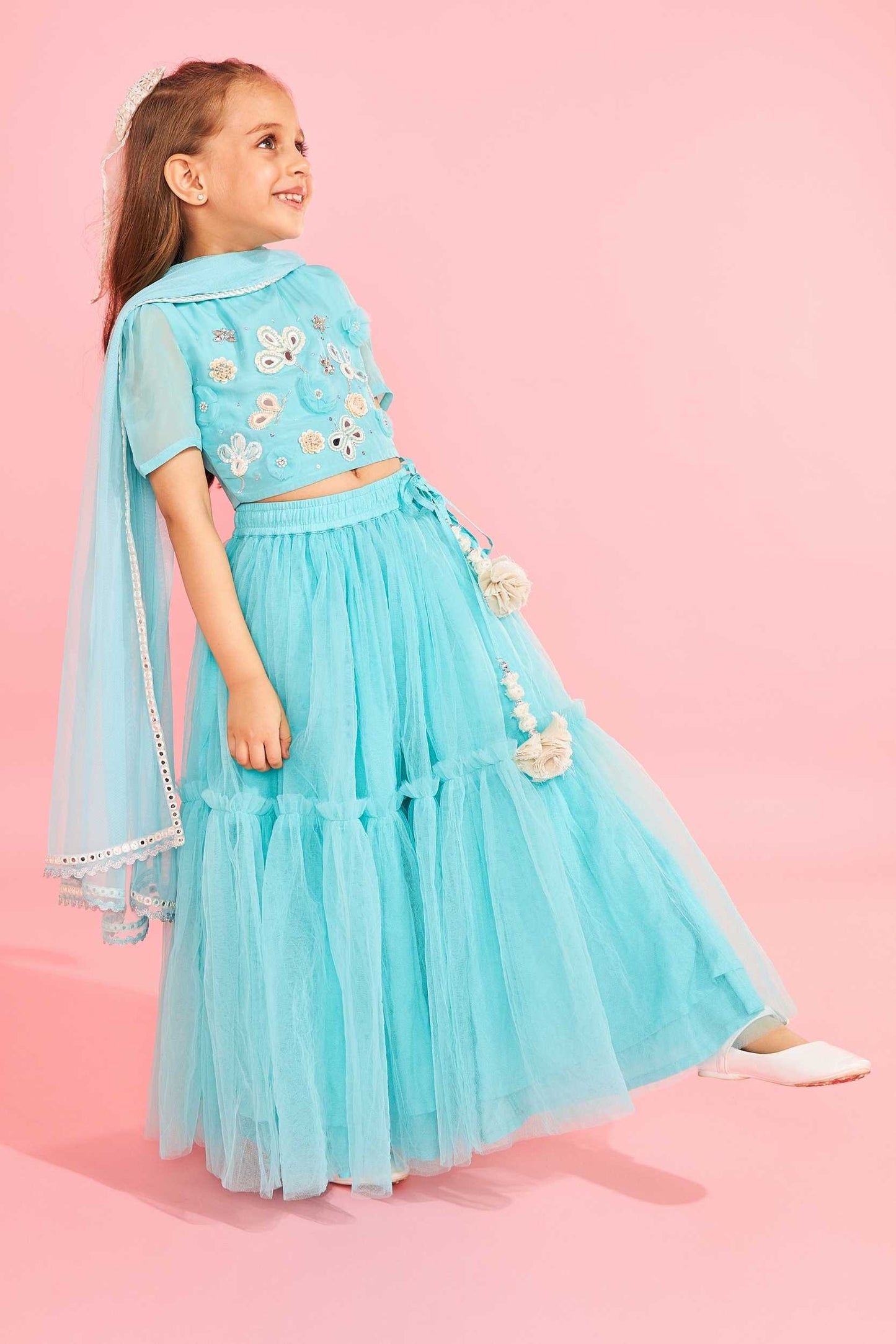 Aqua Blue Embellished Girls Crop Top & Skirt (3 Pc Set)