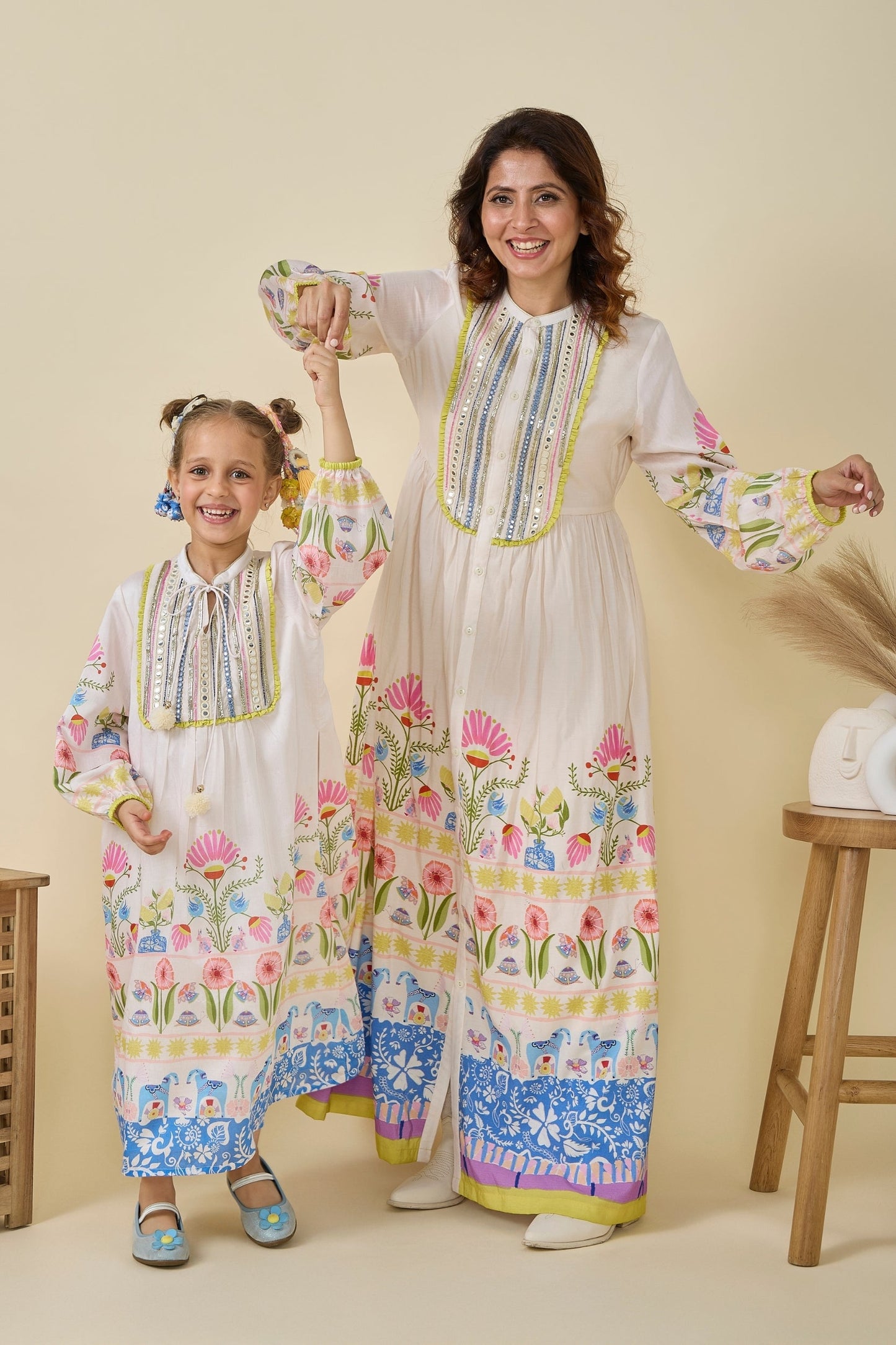 Dala Printed And Embellished Girls Long Dress &  Dala Embellished Ladies Long Dress