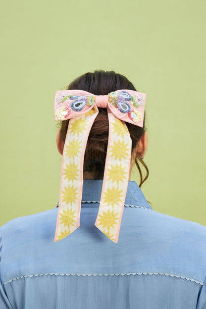 Thea Pink Embellished Bow Clip (on women)