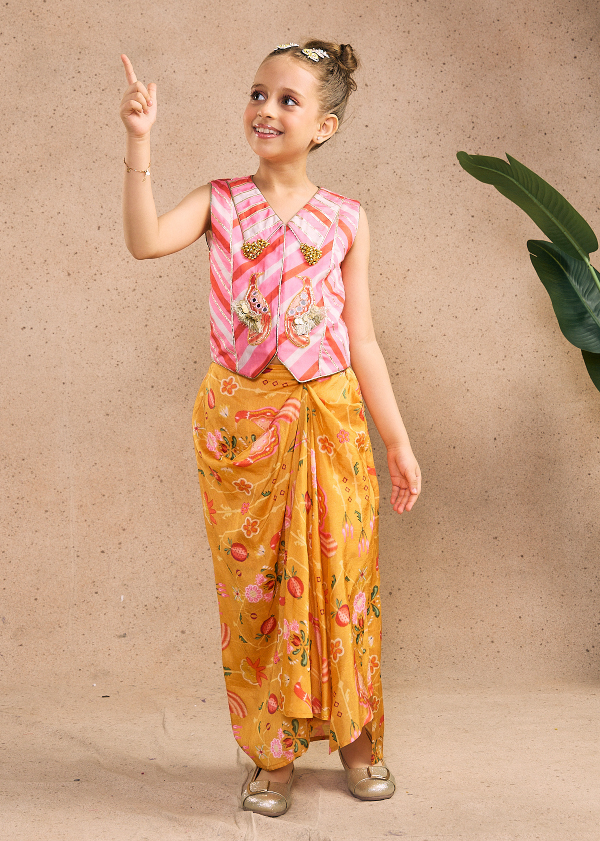 Nella Orange Girls Embellished Vest & Drape Skirt (Set of 2 pcs)