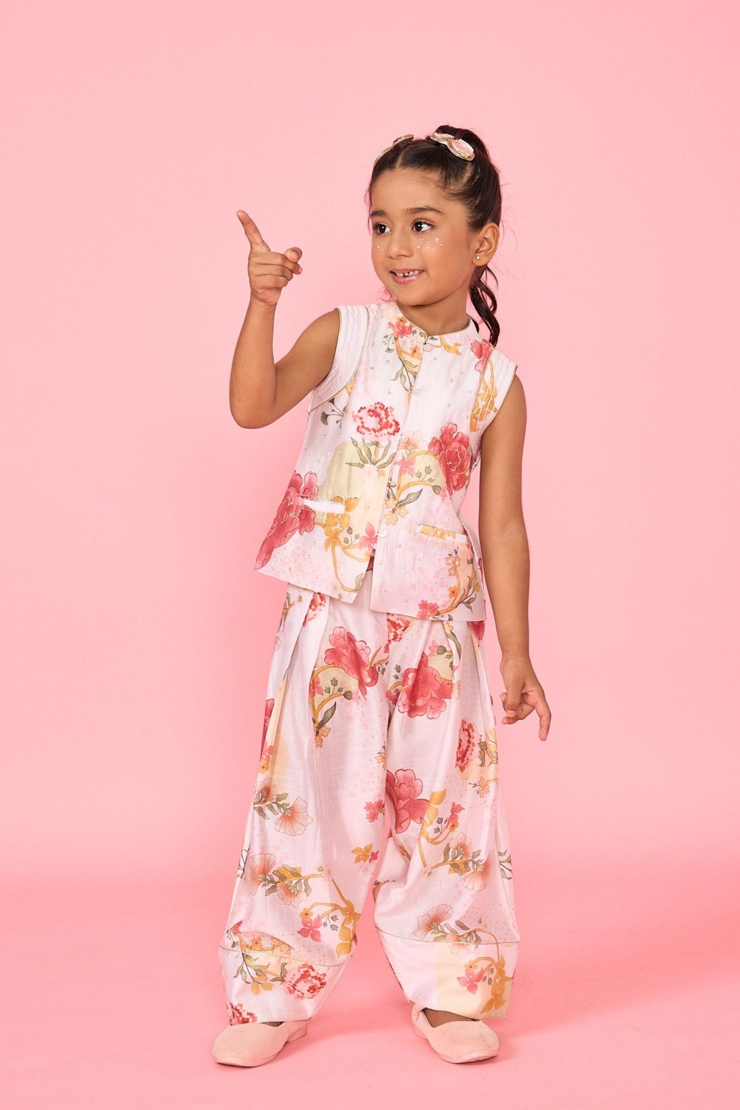 White Makrana Girls Embellished Waistcoat With Wide Trouser Coord( 2 Pc Set)