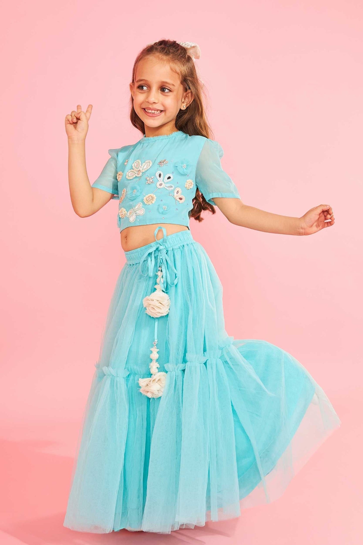 Aqua Blue Embellished Girls Crop Top & Skirt (3 Pc Set)