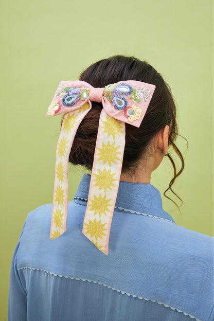 Thea Pink Embellished Bow Clip (on women)