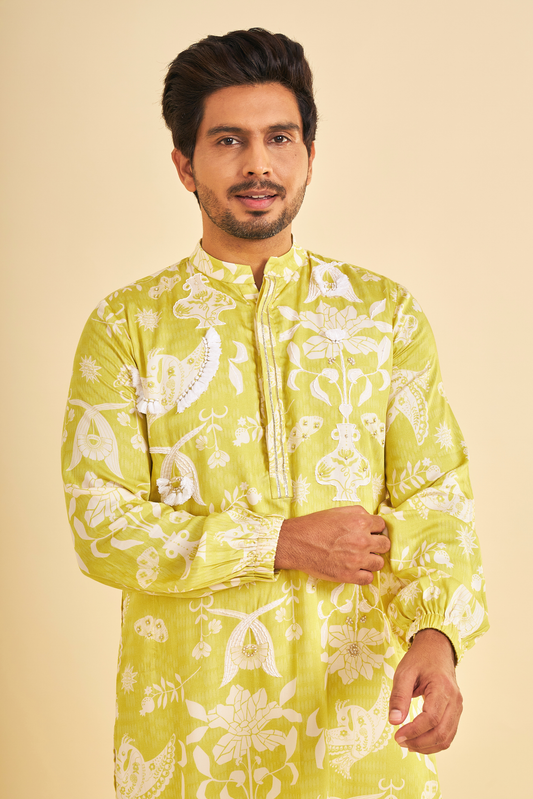 Poppy Yellow Embroidered Men's Kurta and Pant ( Set of 2 Pcs)