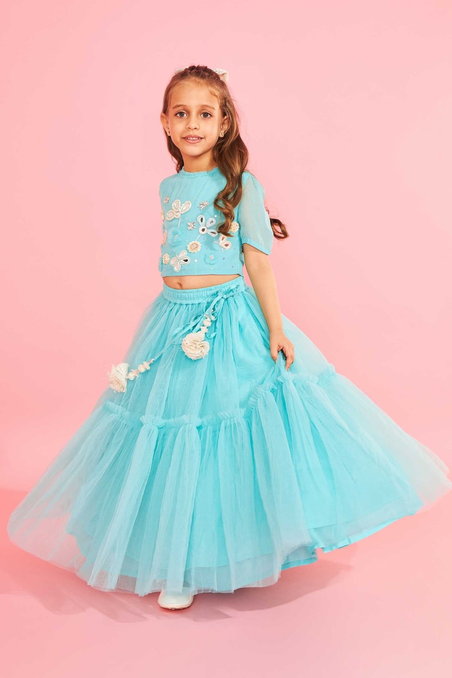 Aqua Blue Embellished Girls Crop Top & Skirt (3 Pc Set)