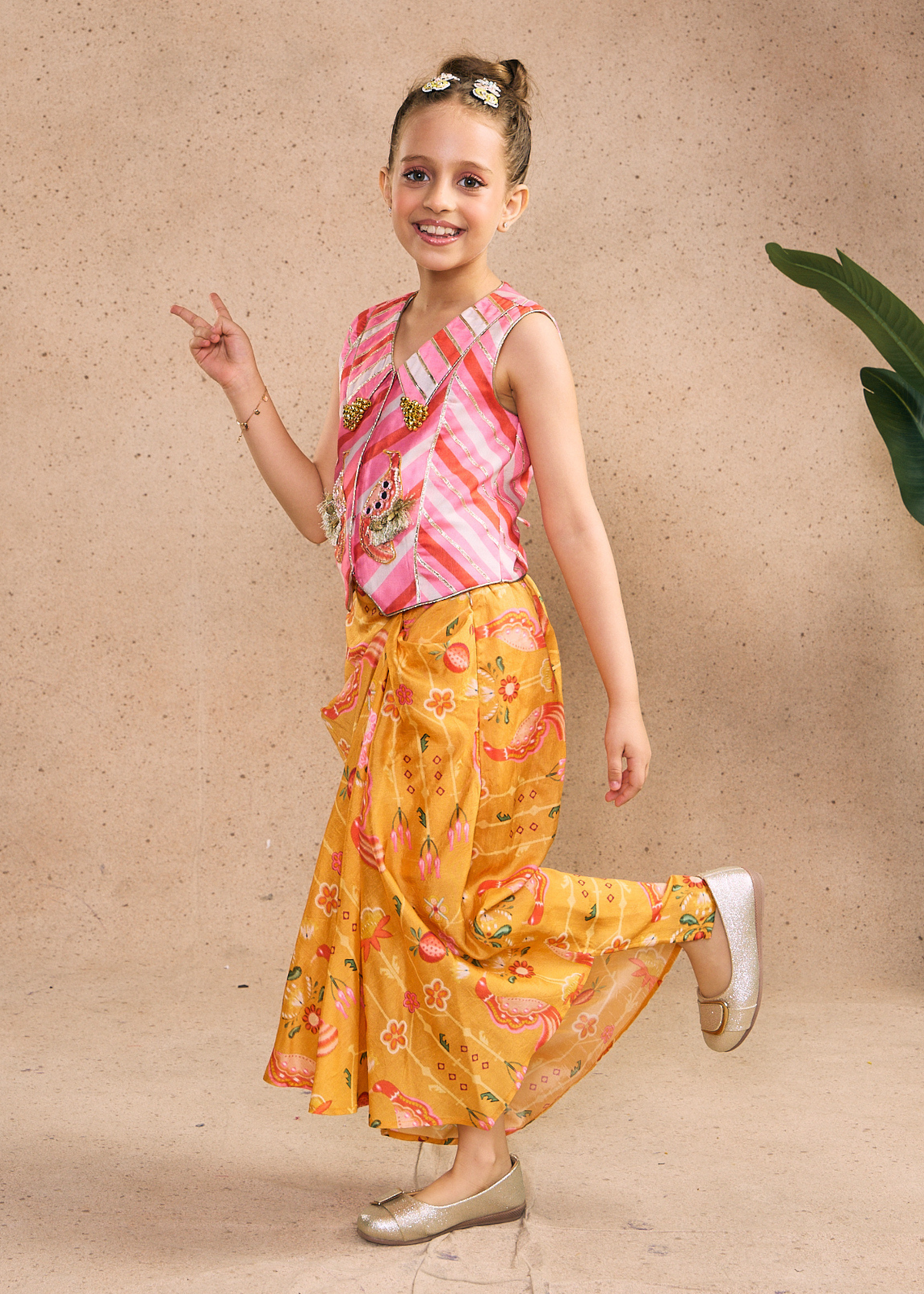 Nella Orange Girls Embellished Vest & Drape Skirt (Set of 2 pcs)