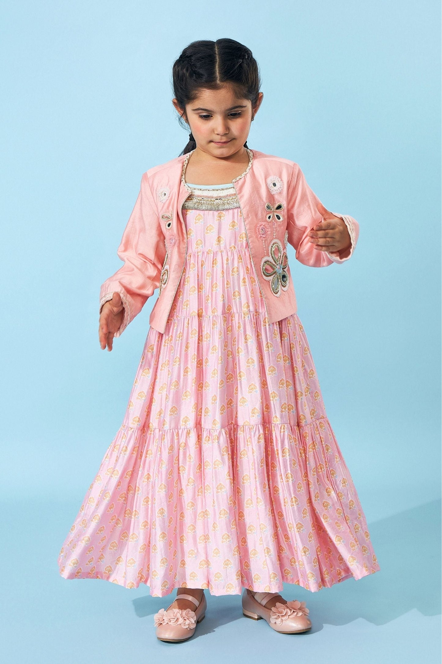 June Peach Girls Embellished Tiered Dress