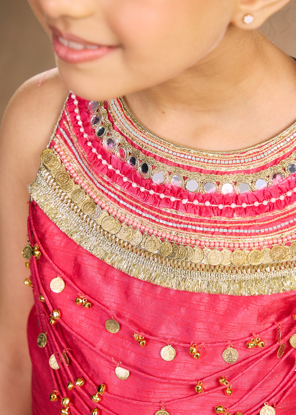 Daphene Girls Embellished Fuchsia Pink Fringe Top With Skirt & Dupatta (Set of 3 pcs)