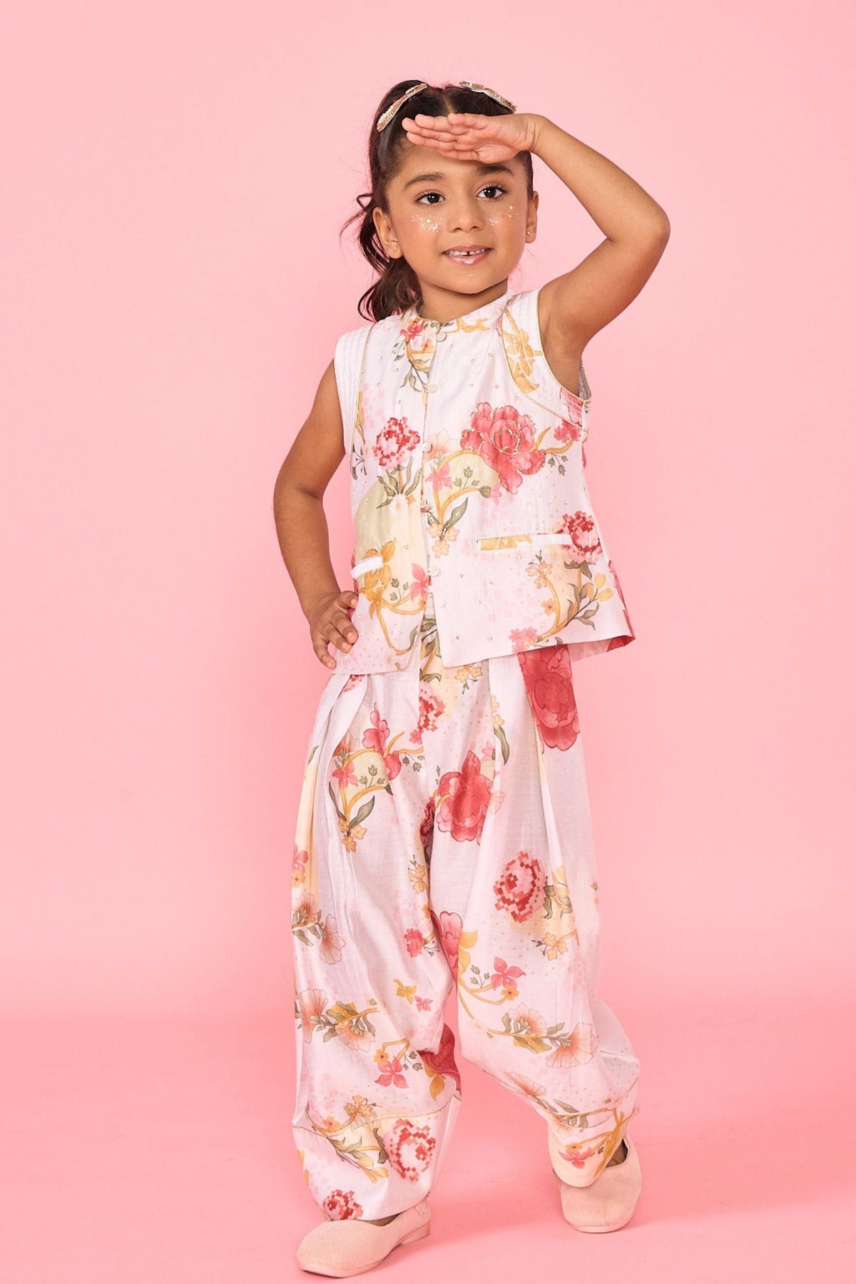 White Makrana Girls Embellished Waistcoat With Wide Trouser Coord( 2 Pc Set)