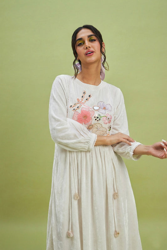 VELVET Mirror Yoke White Embellished Ladies Long Dress