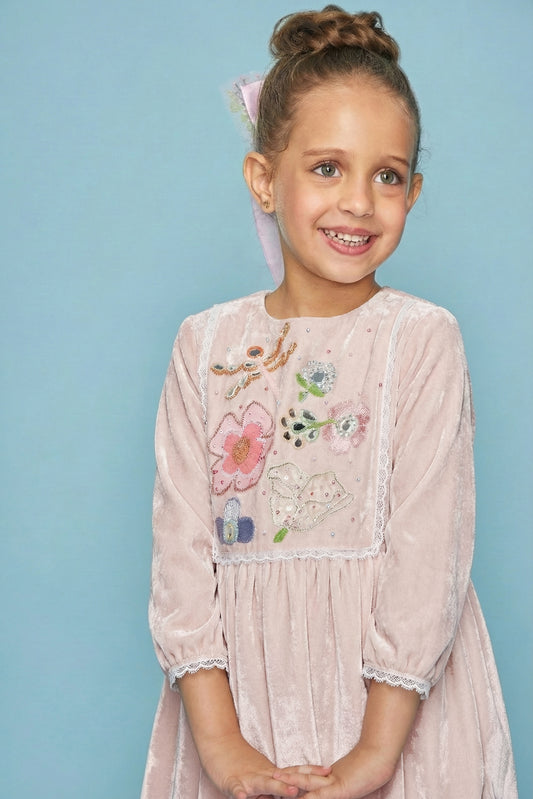 VELVET Dragonfly Mirror Yoke Embellished Girls Long Dress( Light peach color)