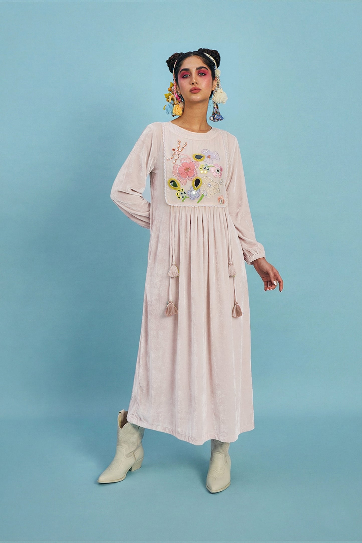 VELVET Mirror Yoke Embellished Ladies Long Dress (Light Peach color)