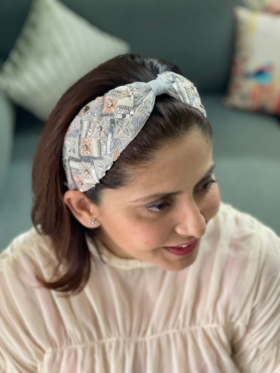 Irene Grey Hand Embroidered Headband/Hairband- Joey & Pooh