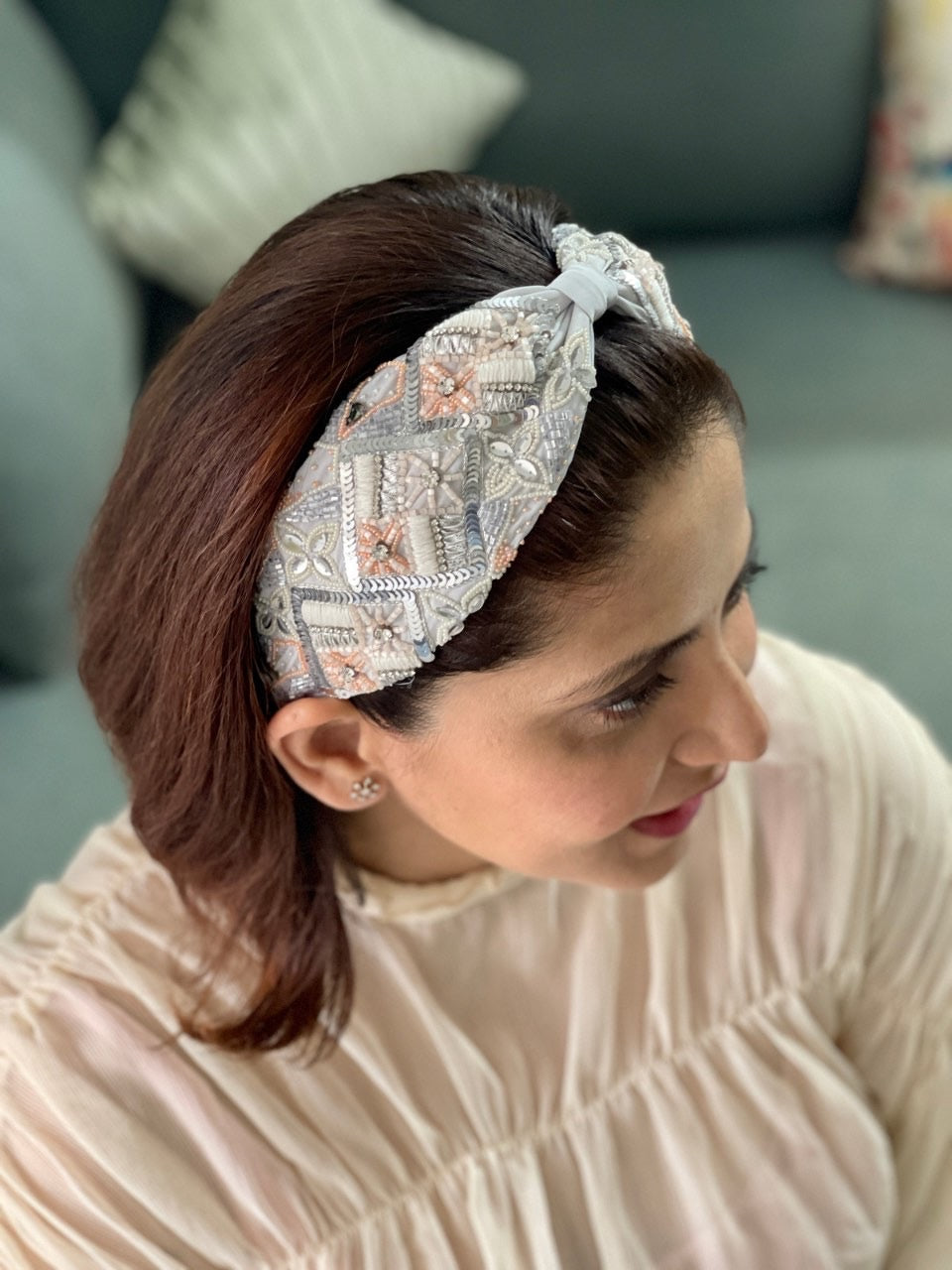 Irene Grey Hand Embroidered Headband/Hairband- Joey & Pooh