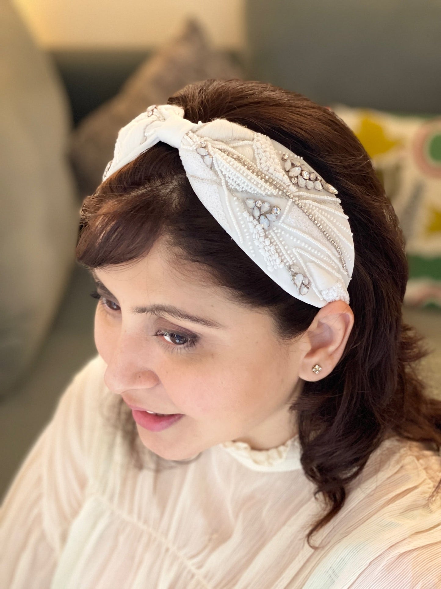 Peyton White Hand Embroidered Headband/Hairband -Joey & Pooh