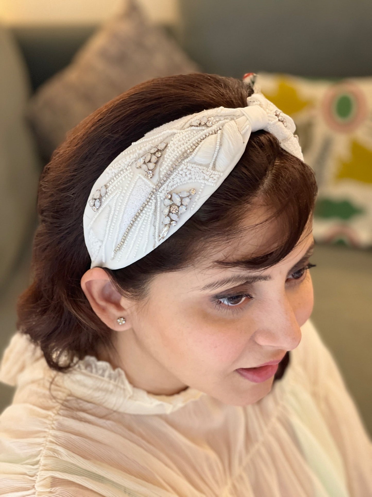 Peyton White Hand Embroidered Headband/Hairband -Joey & Pooh