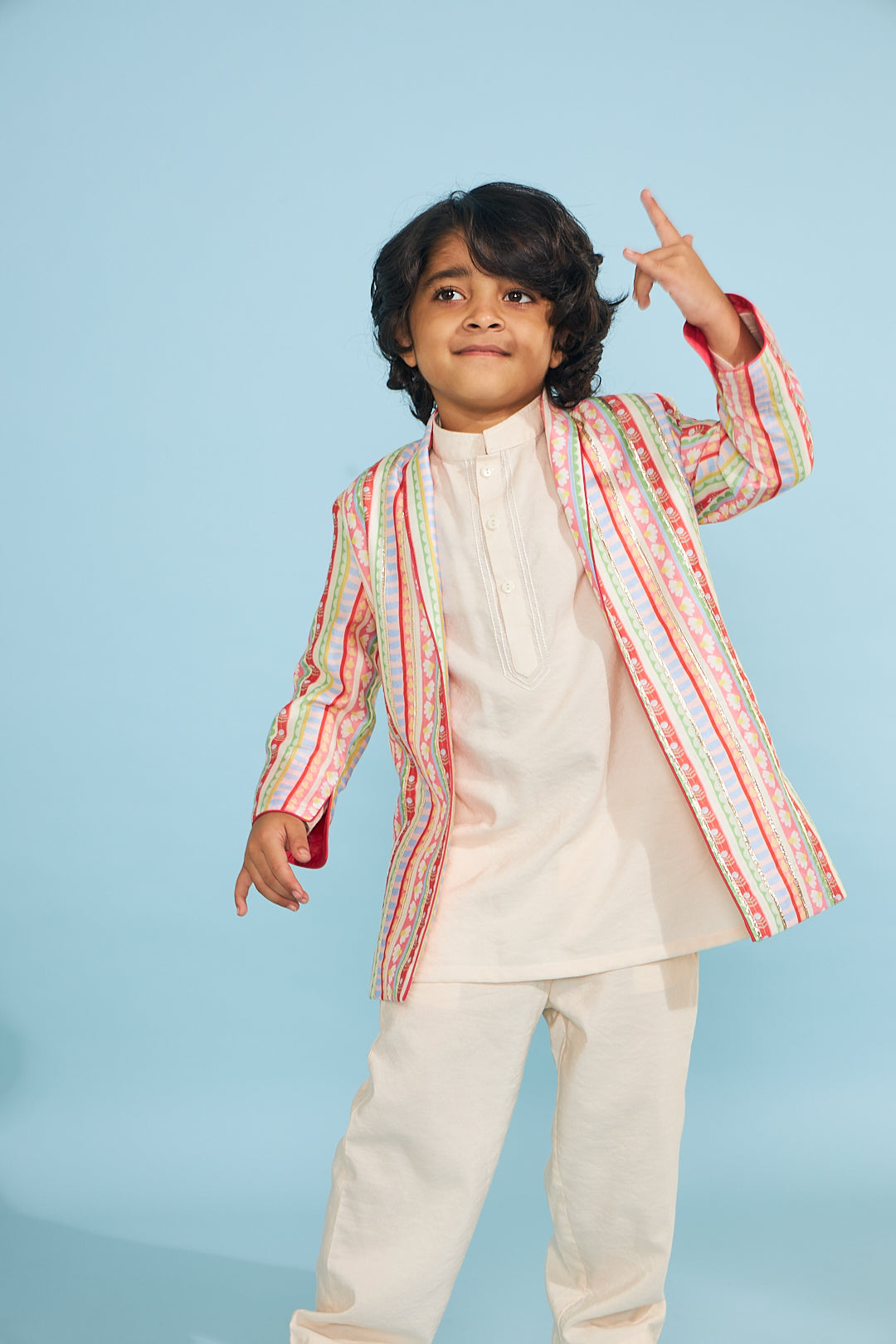 Candy Stripe Embellished Boys Jacket With Cream Kurta Trouser (3 Pc Set)