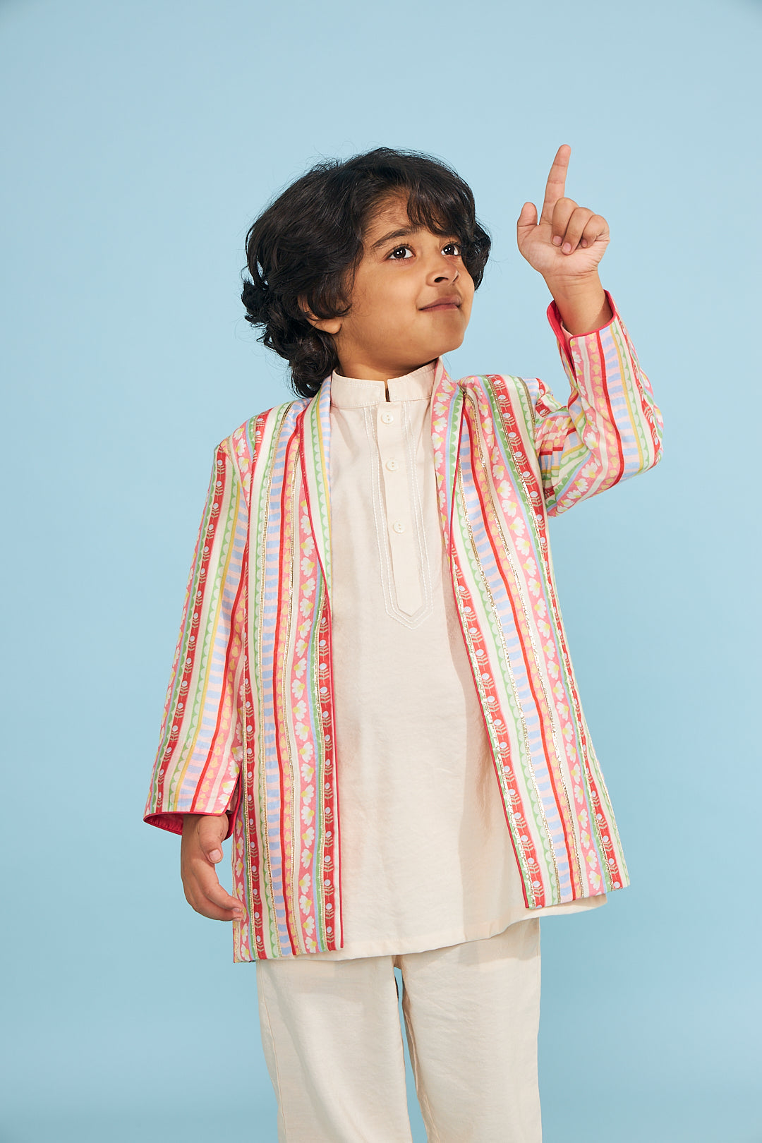 Candy Stripe Embellished Boys Jacket With Cream Kurta Trouser (3 Pc Set)