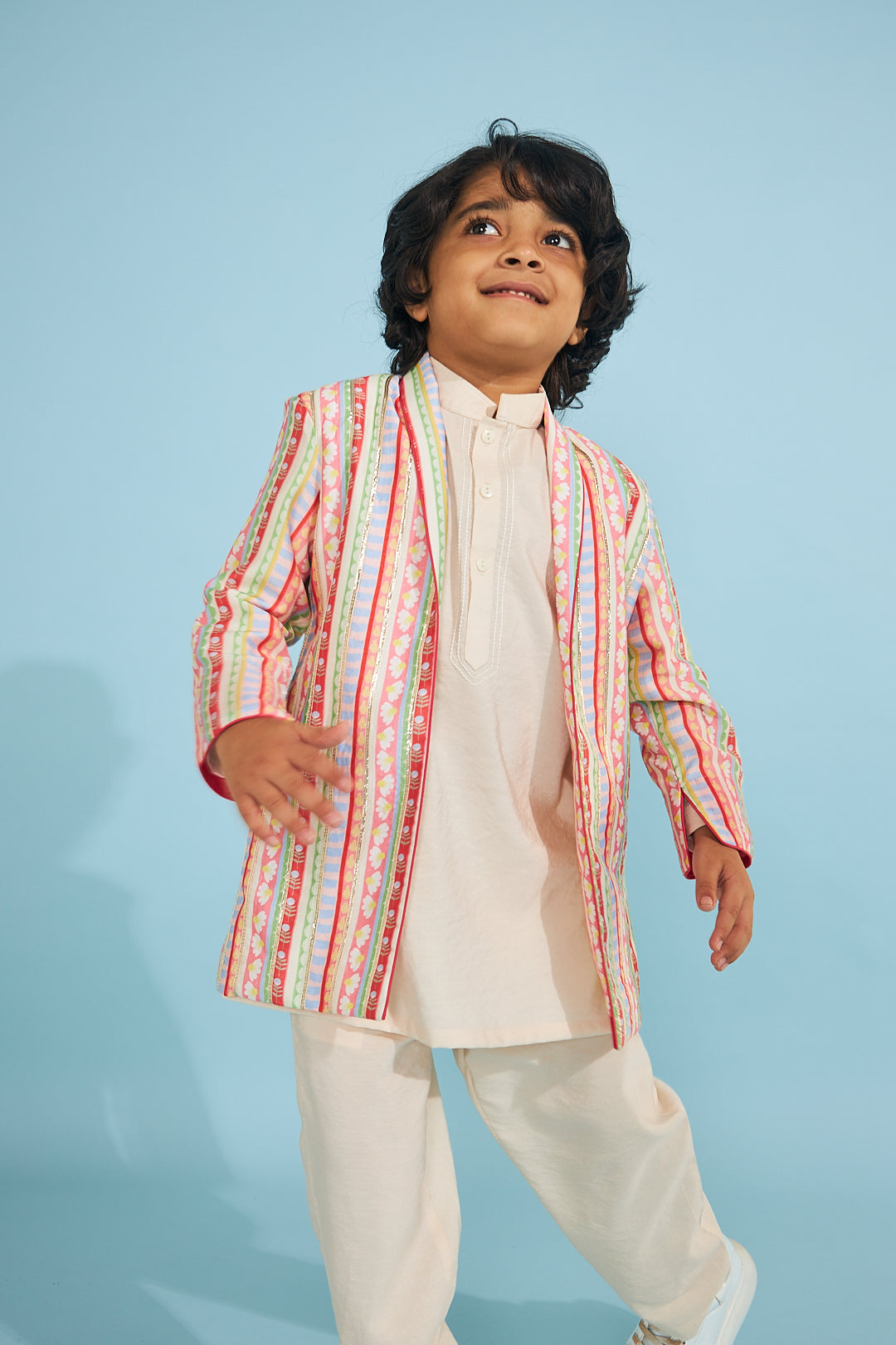 Candy Stripe Embellished Boys Jacket With Cream Kurta Trouser (3 Pc Set)