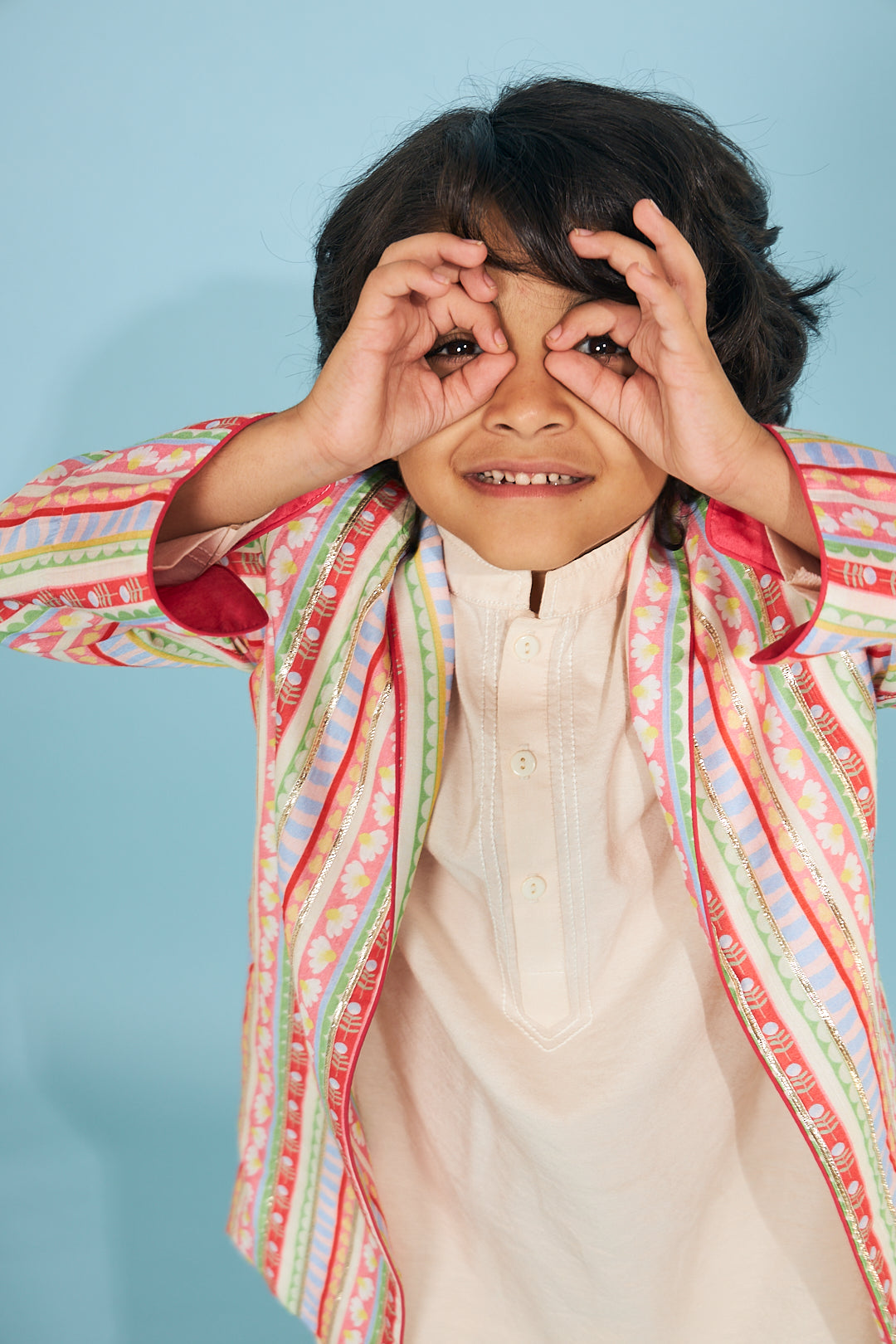 Candy Stripe Embellished Boys Jacket With Cream Kurta Trouser (3 Pc Set)