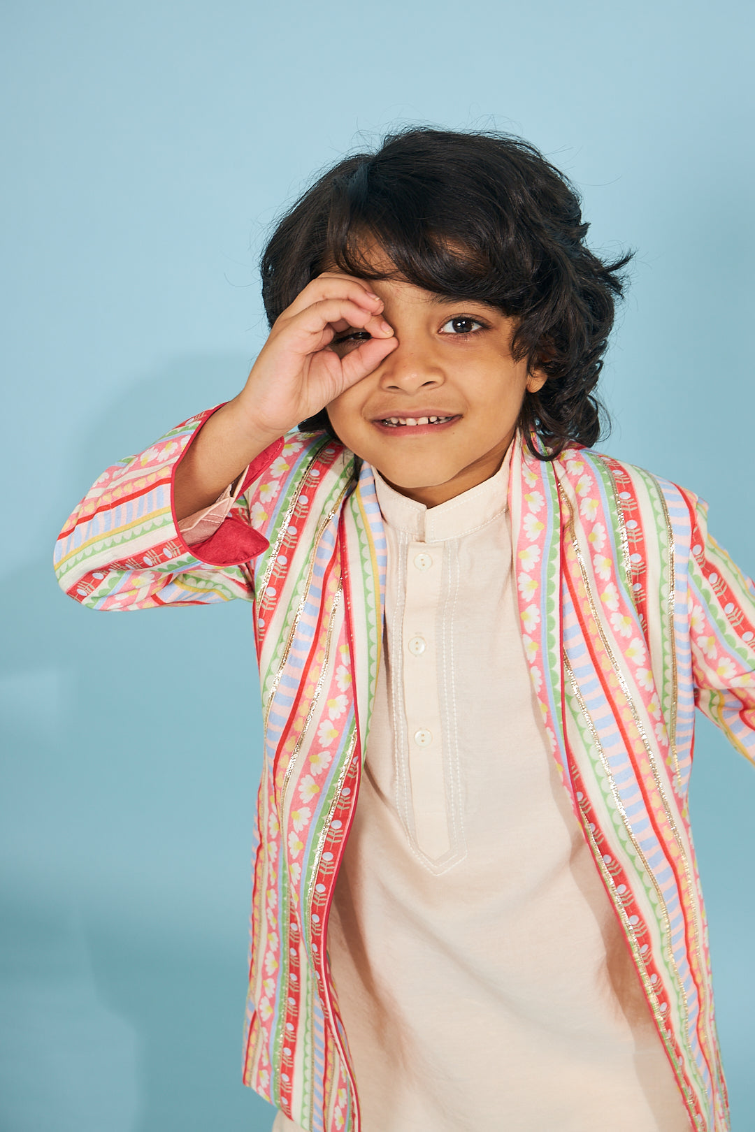 Candy Stripe Embellished Boys Jacket With Cream Kurta Trouser (3 Pc Set)