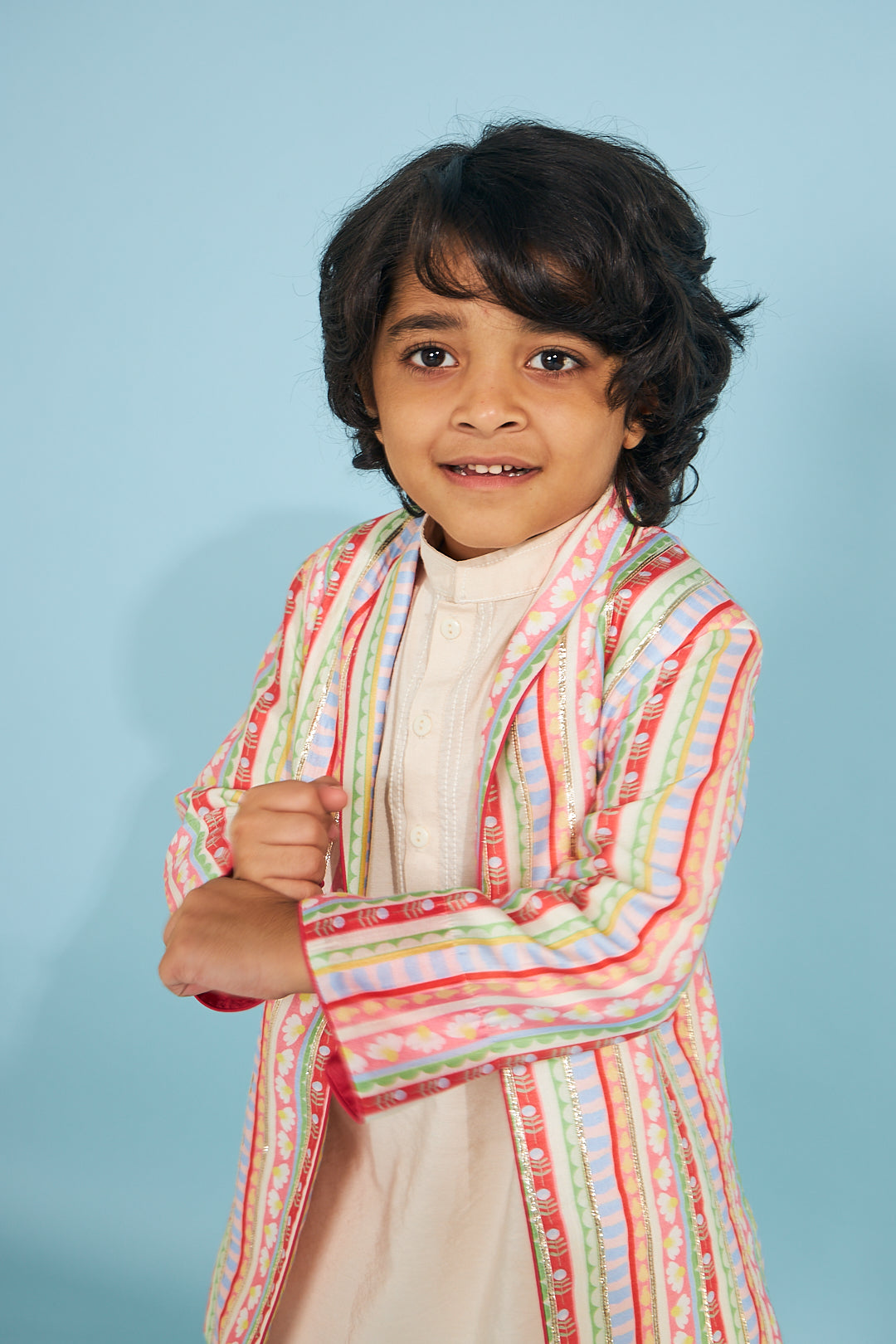 Candy Stripe Embellished Boys Jacket With Cream Kurta Trouser (3 Pc Set)