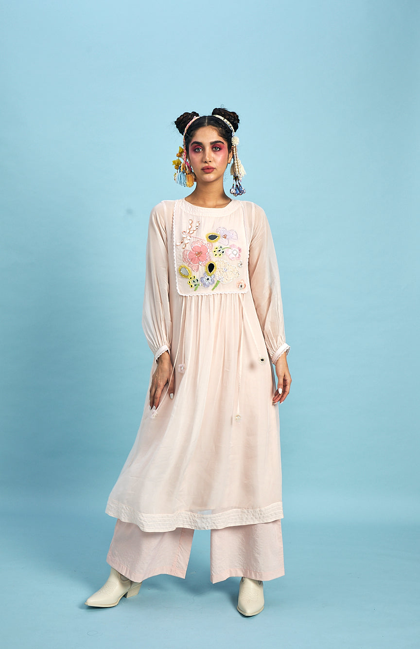 Mirror Yoke Peach Organza embellished Ladies Dress + Trouser