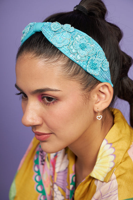 Clover blue Hand Embroidered narrow headband/hairband - Joey & Pooh