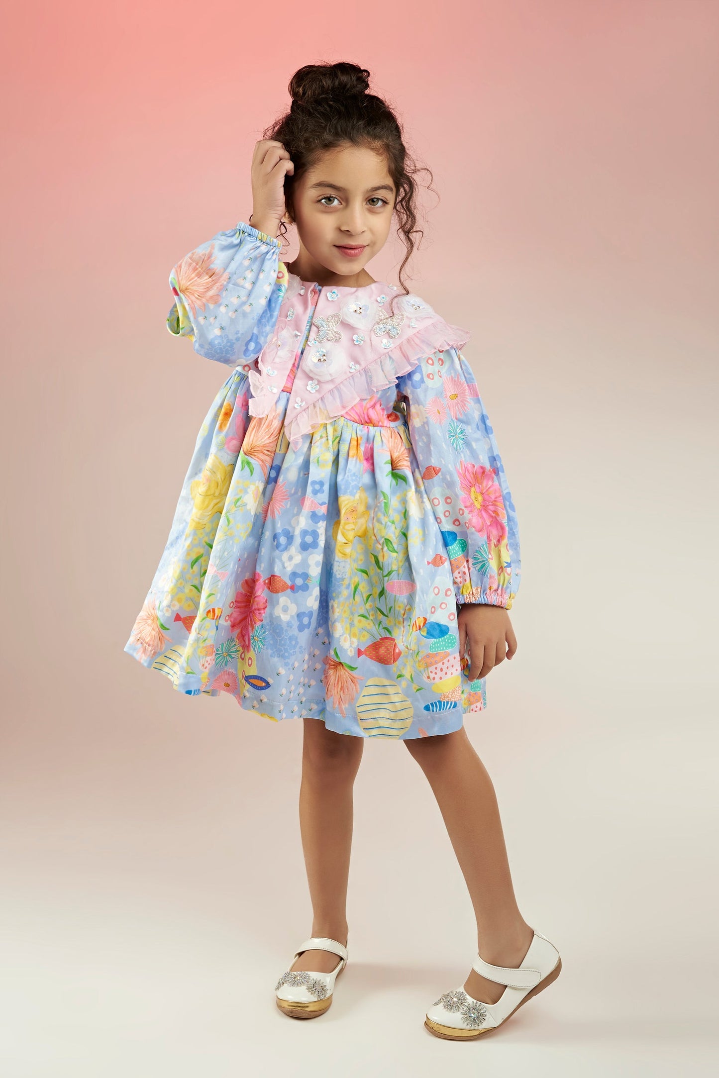 Dandy Bloom Embroidered Printed Babydoll Dress Kids  - Joey & Pooh