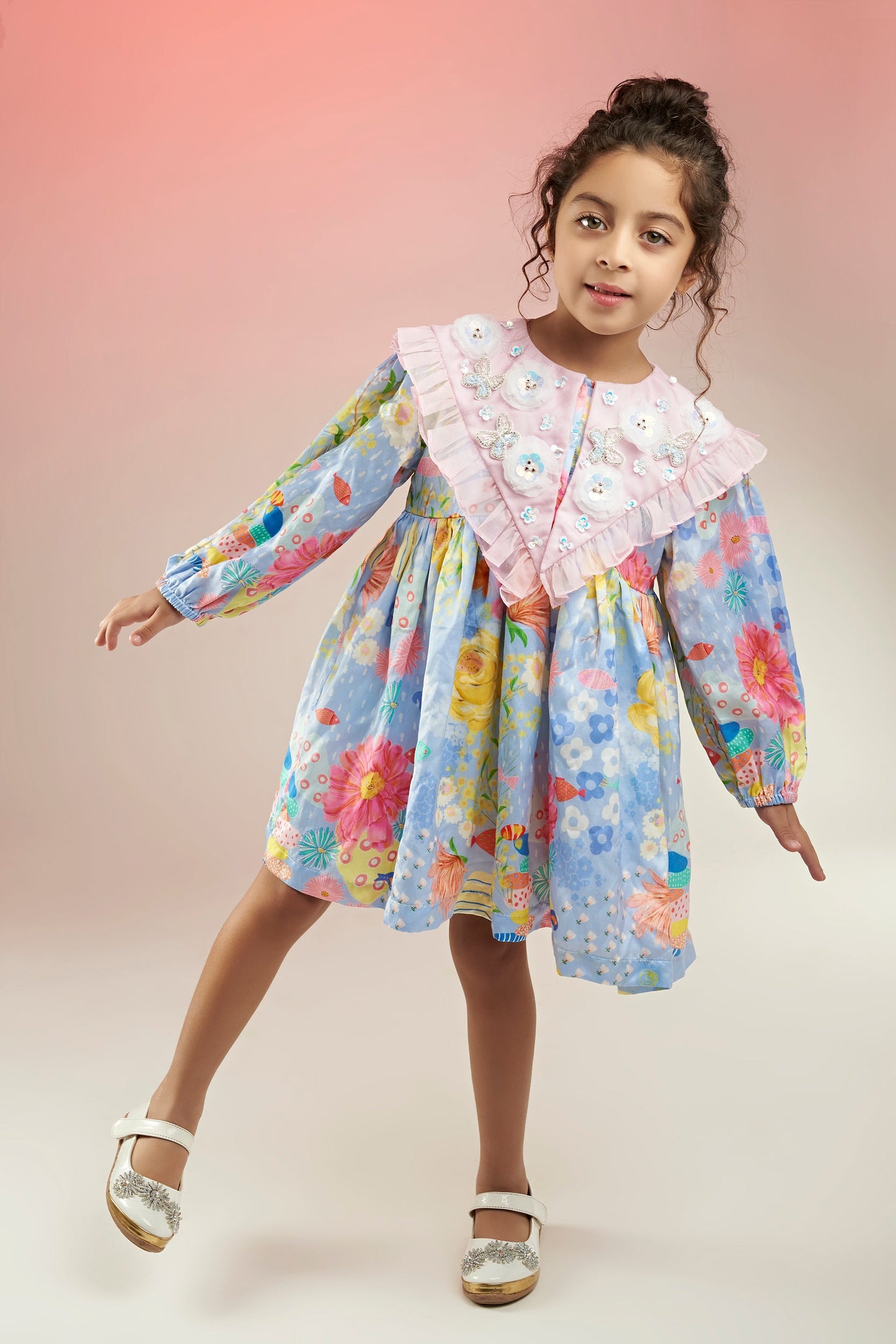 Dandy Bloom Embroidered Printed Babydoll Dress Kids  - Joey & Pooh